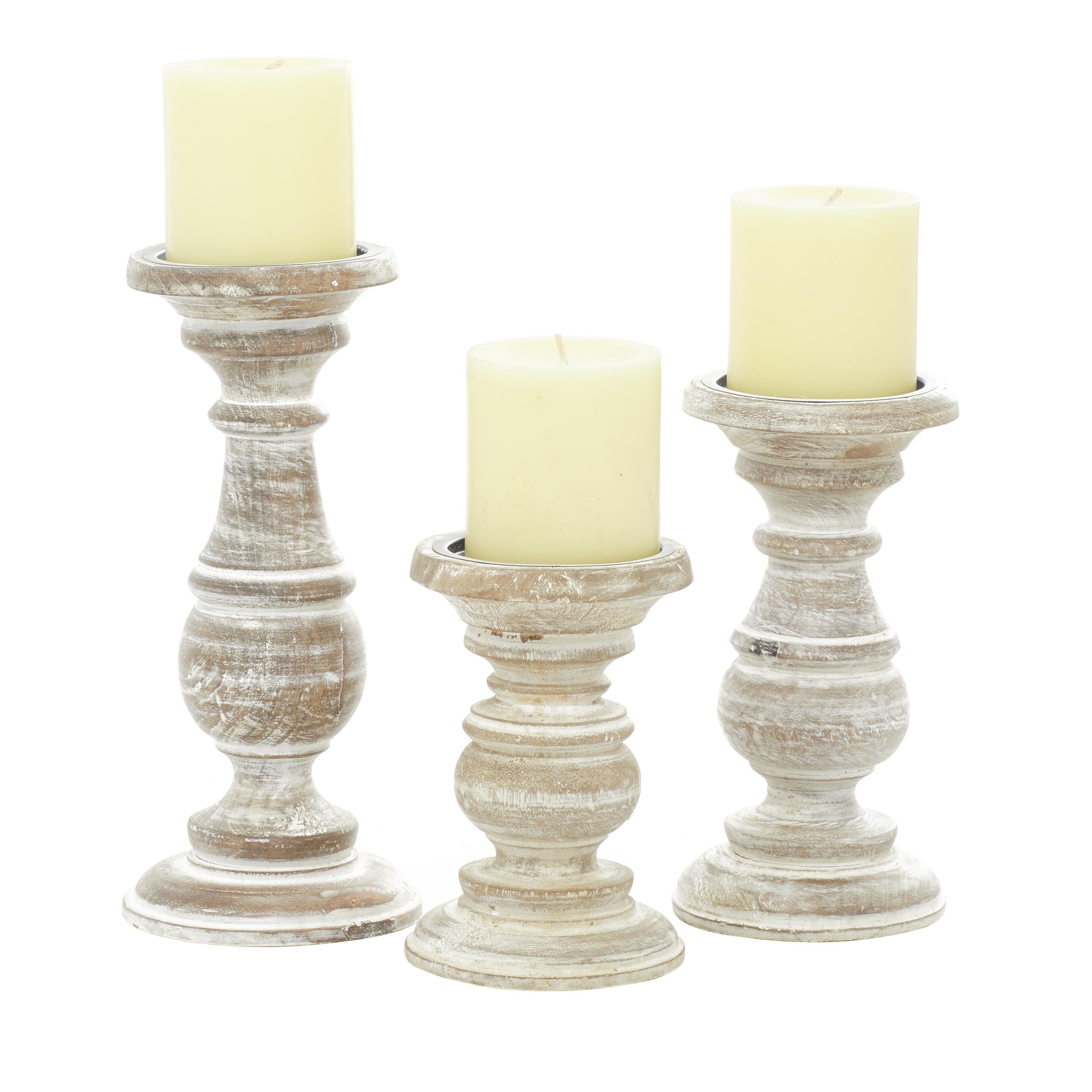 Mango Wood Turned Style Pillar Candle Holder (Set of 3) - White, Brown, Gold, Black, Light Blue, Cream, Silver