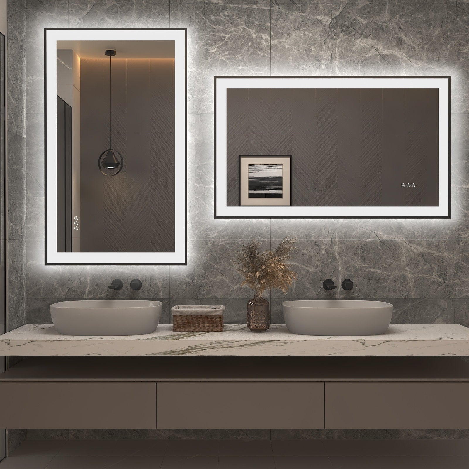 Apmir Metal Black Frame Back & Front LED Lighted Bathroom Vanity Mirror with Anti-Fog Tempered Glass