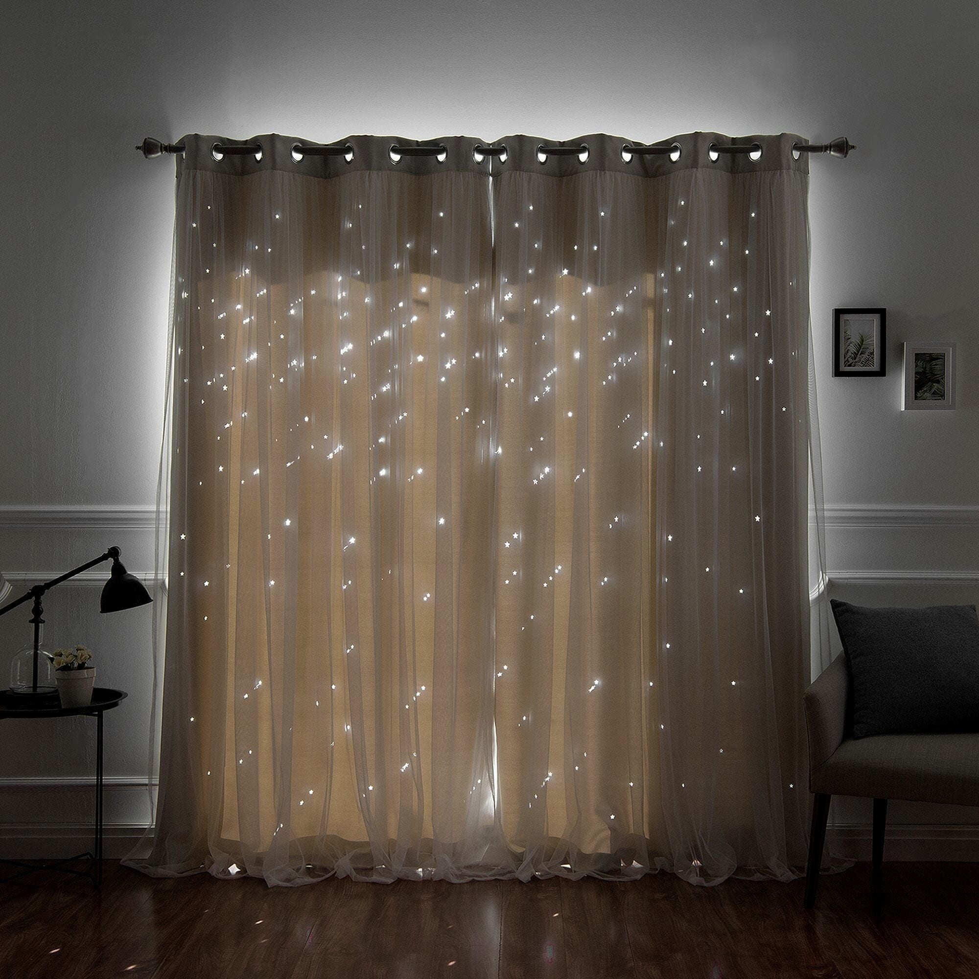 Aurora Home Star Punch Tulle Overlay Blackout Curtain Panel Pair