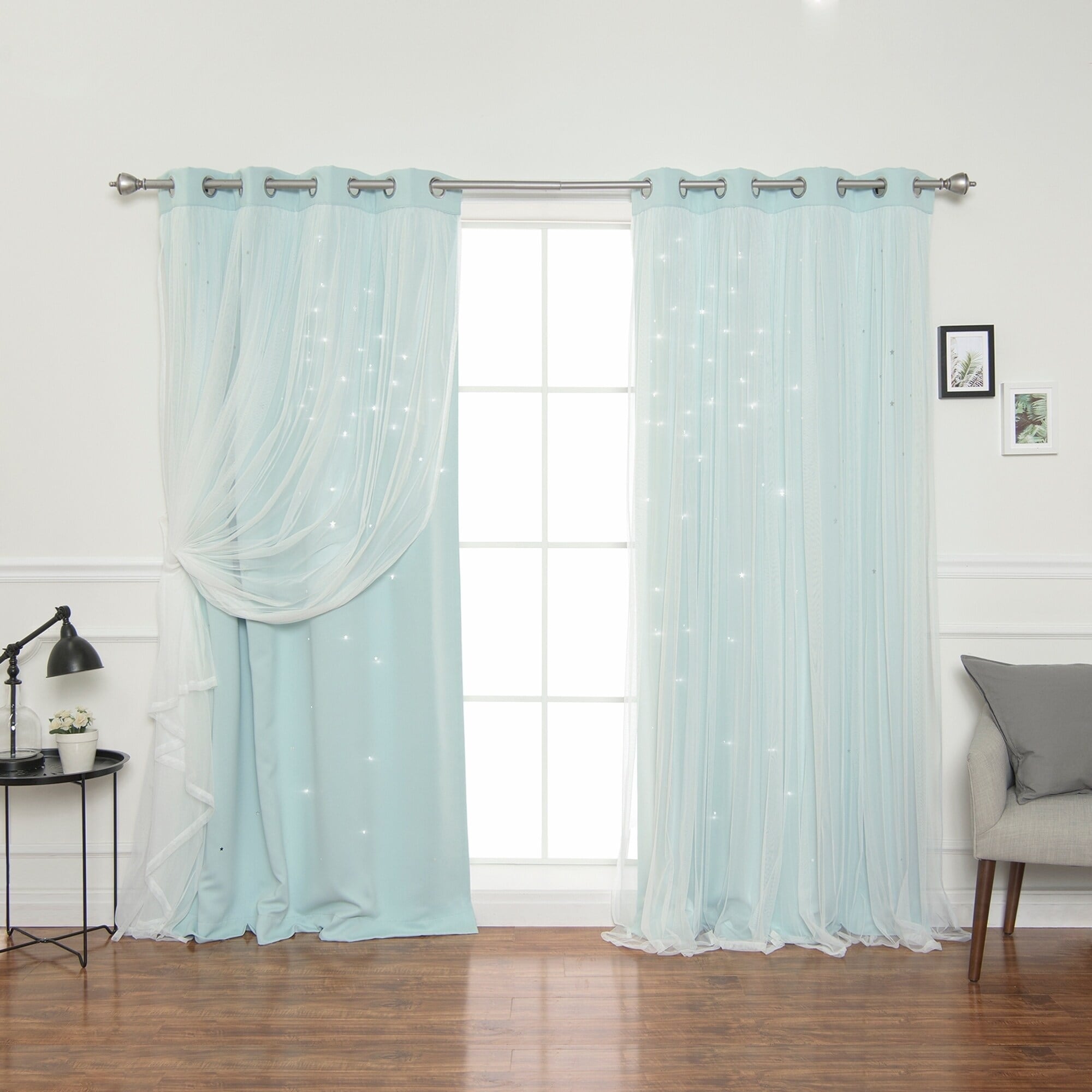 Aurora Home Star Punch Tulle Overlay Blackout Curtain Panel Pair