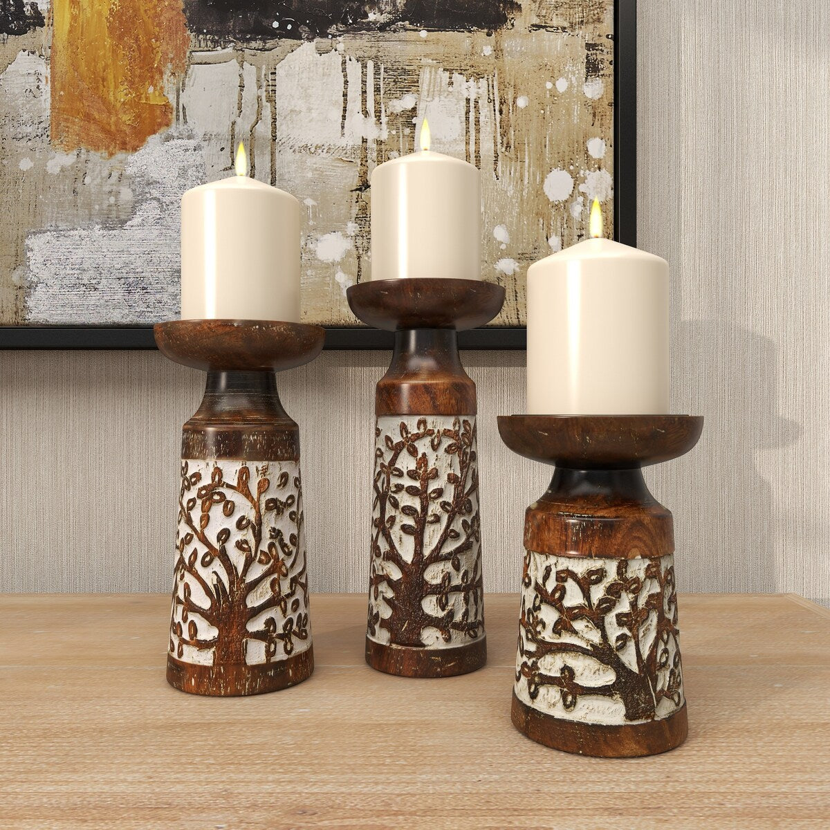 Mango Wood Handmade Carved Pillar Decorative Candle Holder - Set of 3 Light Brown or Brown - Roche River Decor