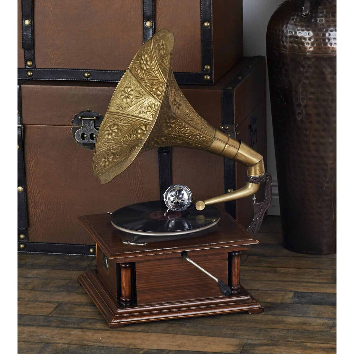 Wood Functional Gramophone with Record - Copper - Roche River Decor