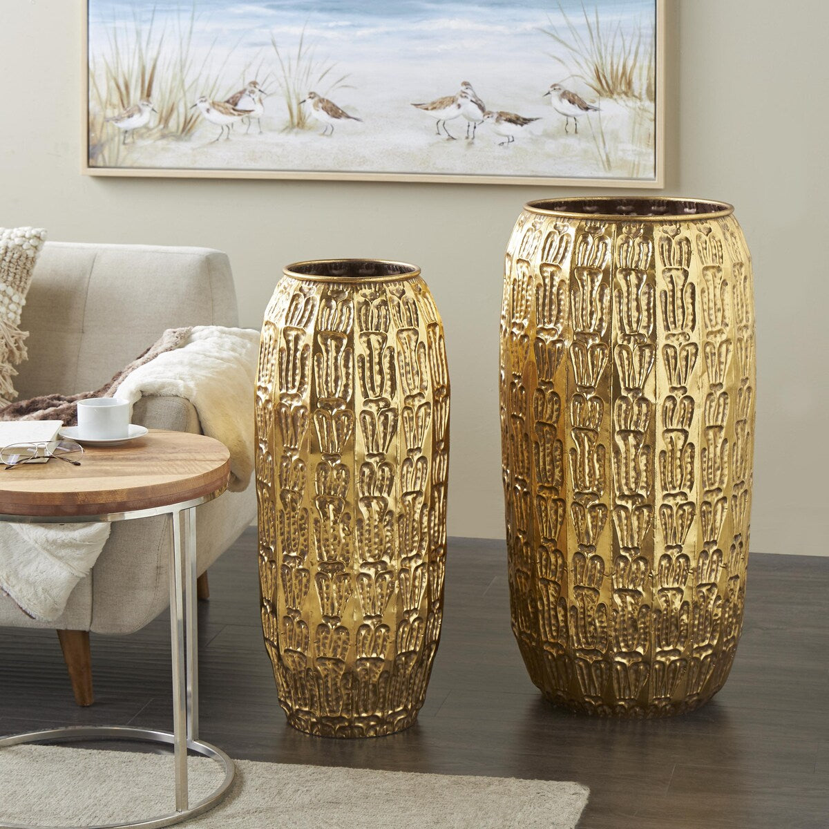 Metal Tall Decorative Vase with Grooved Patterns - Set of 2 Gold - Roche River Decor