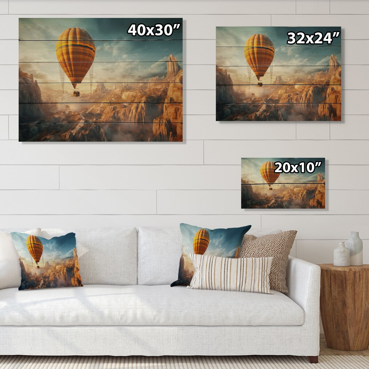 Designart Yellow Hot Air Ballon Panoramic I Transportation Print on Natural Pine Wood