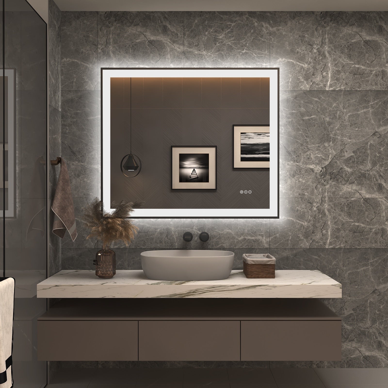 Apmir Metal Black Frame Back & Front LED Lighted Bathroom Vanity Mirror with Anti-Fog Tempered Glass