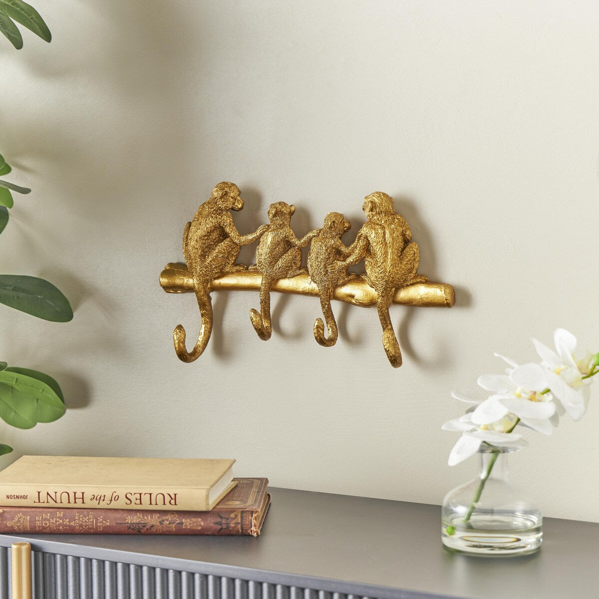 Polystone Monkey Textured 4 Hanger Wall Hook - Gold - Roche River Decor