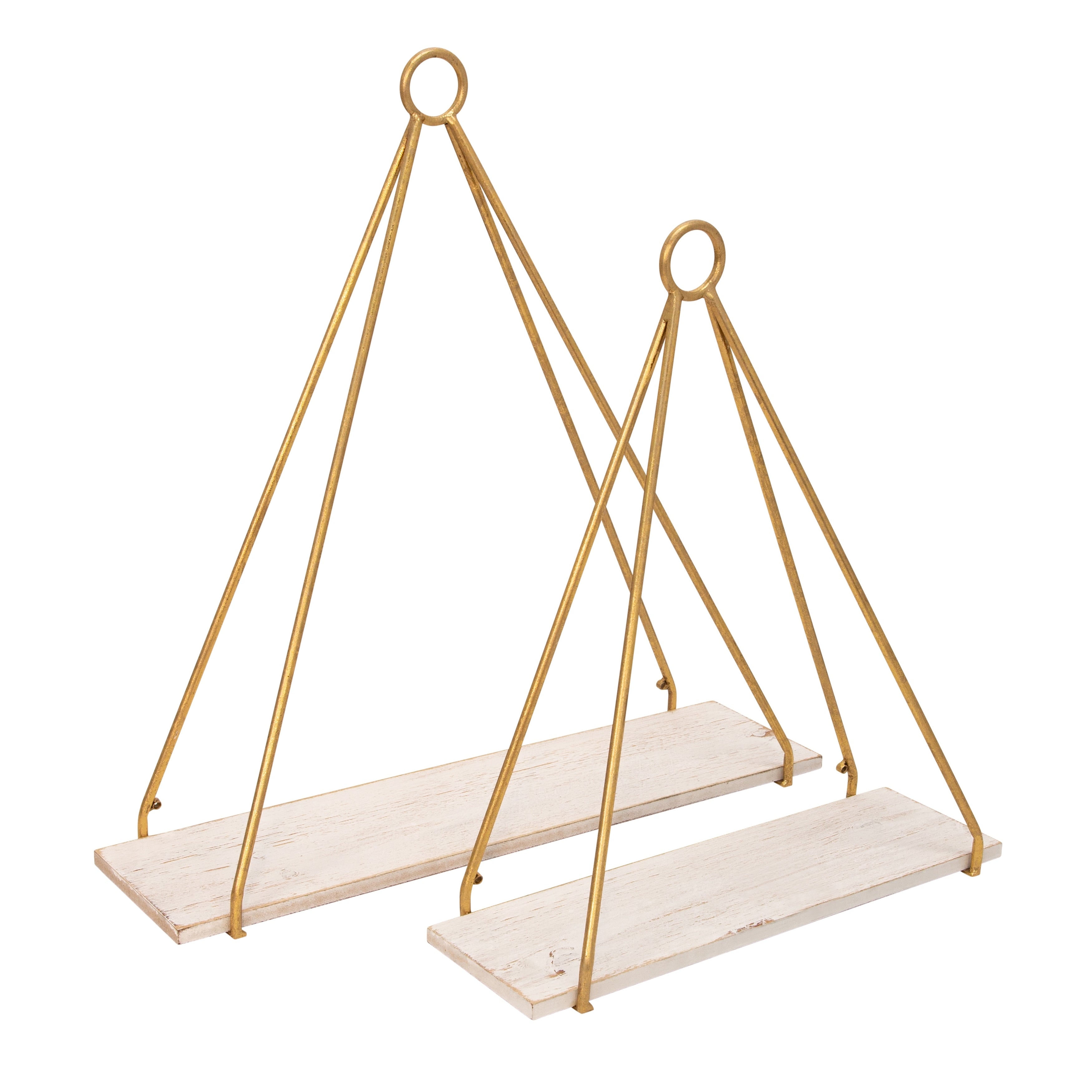 Wooden Triangle Shelf Set in White and Gold Metal and Wood Set of 2 Mounted Wall Shelves for Home or Office 20 &