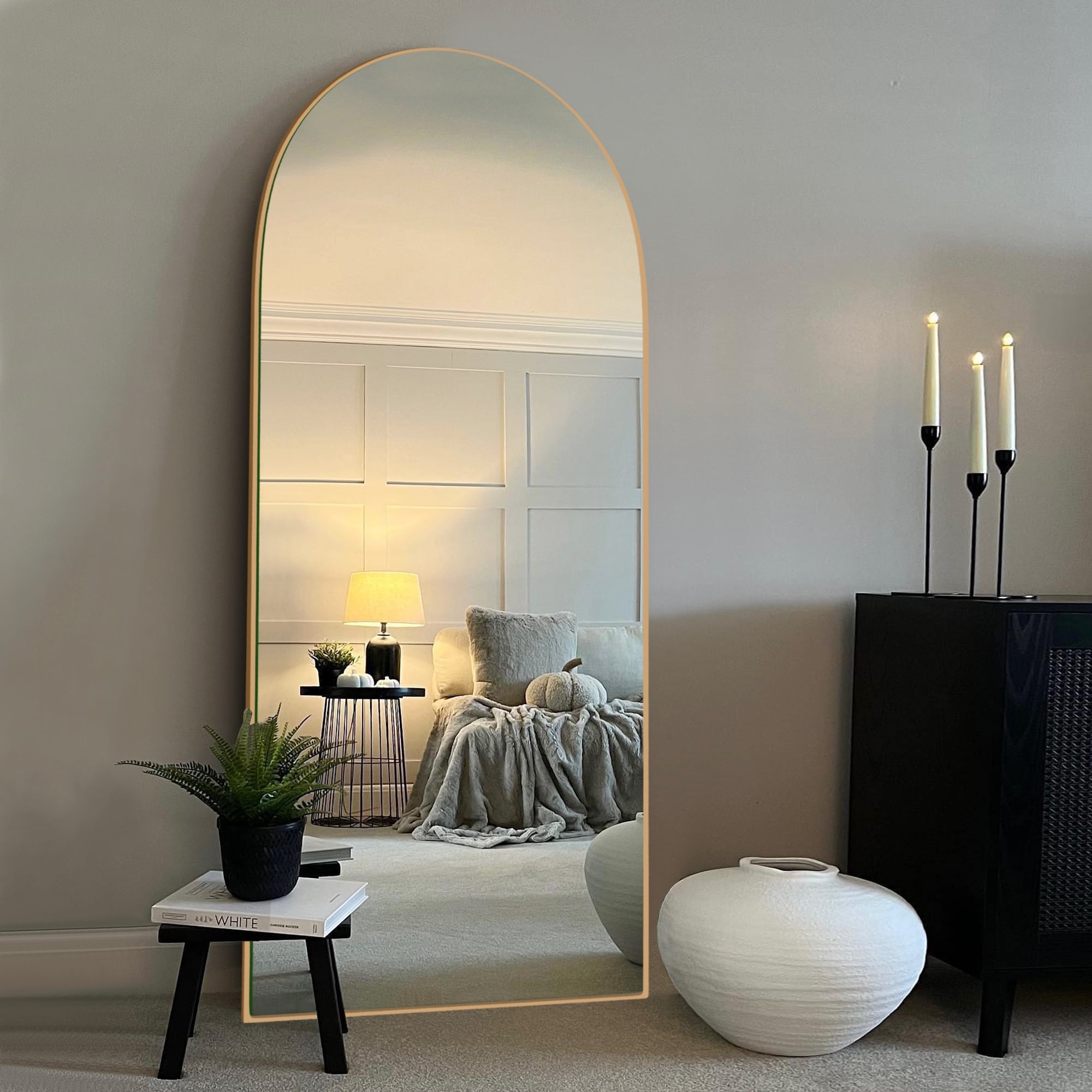 Modern Arched Full-Length Wood Floor Standing Mirror