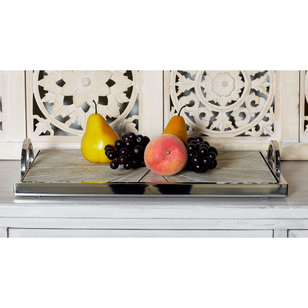 Set of 2 Contemporary Pine Wood and Stainless Steel Burst Trays