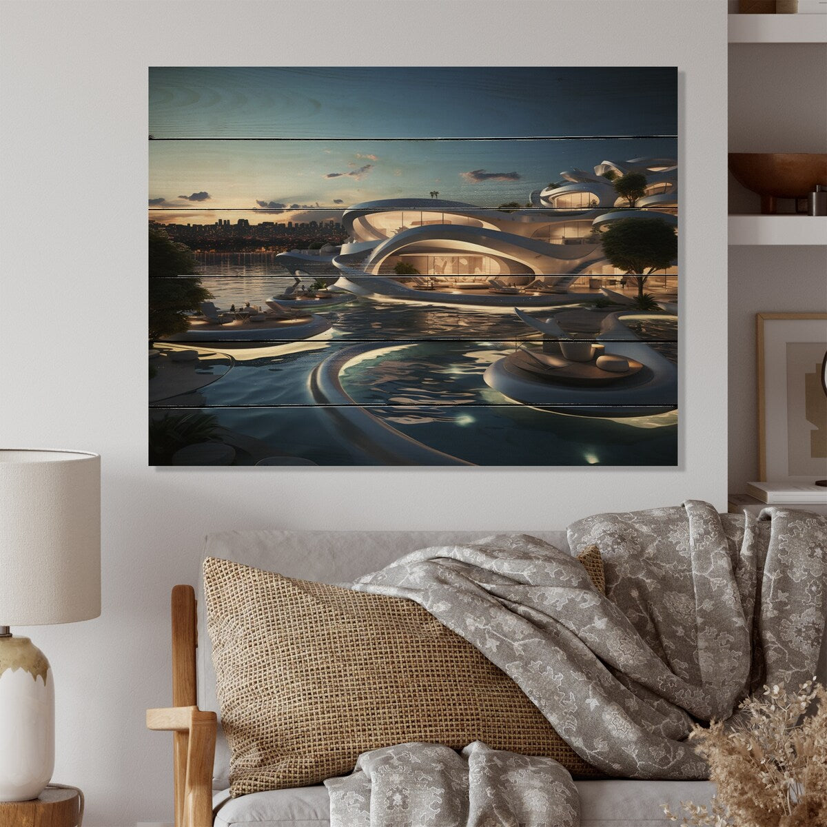 Designart Futuristic Architecture III Architecture Print on Natural Pine Wood