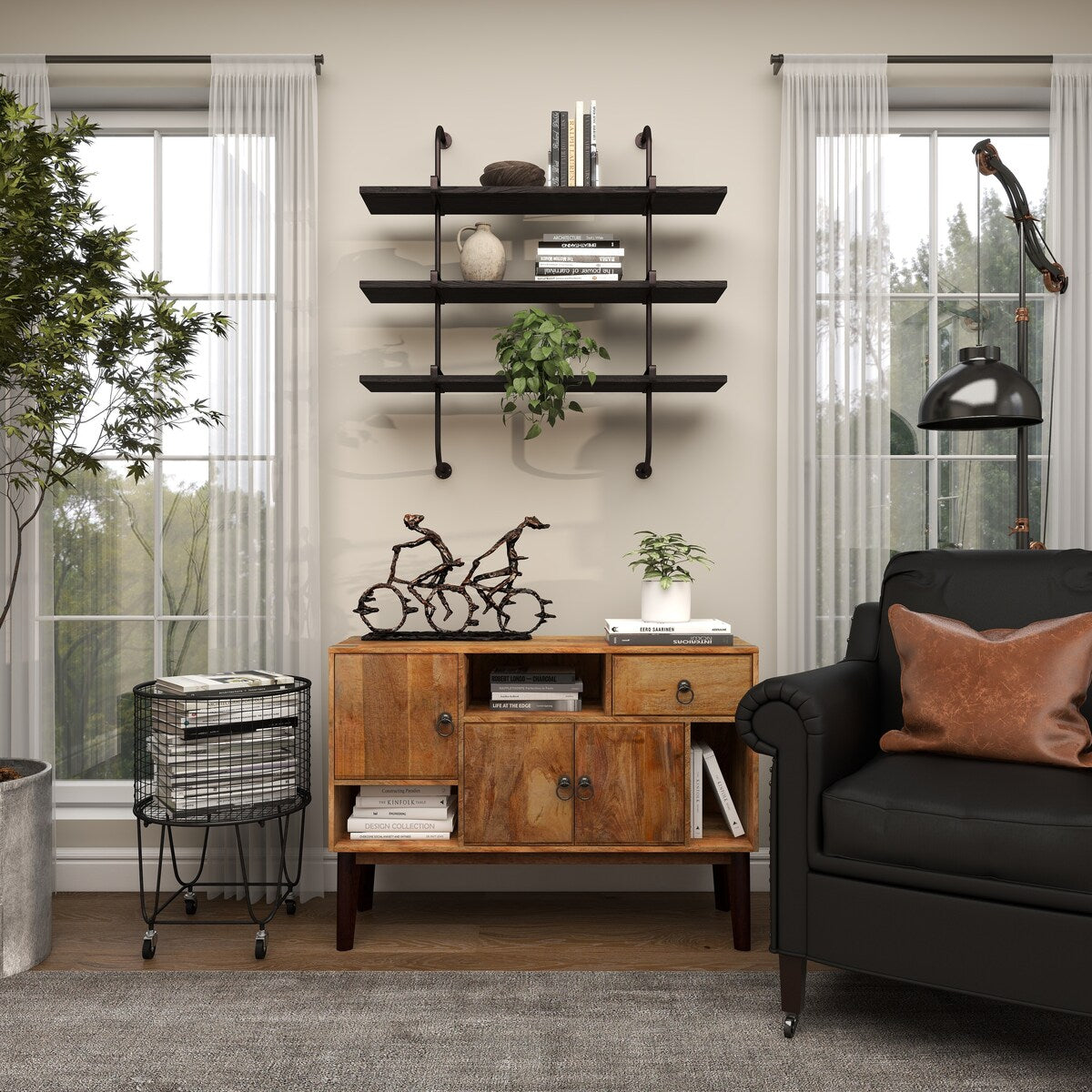 Wood 2 or 3 Level Wall Shelf with Black Metal Brackets - Brown or Gray - Roche River Decor