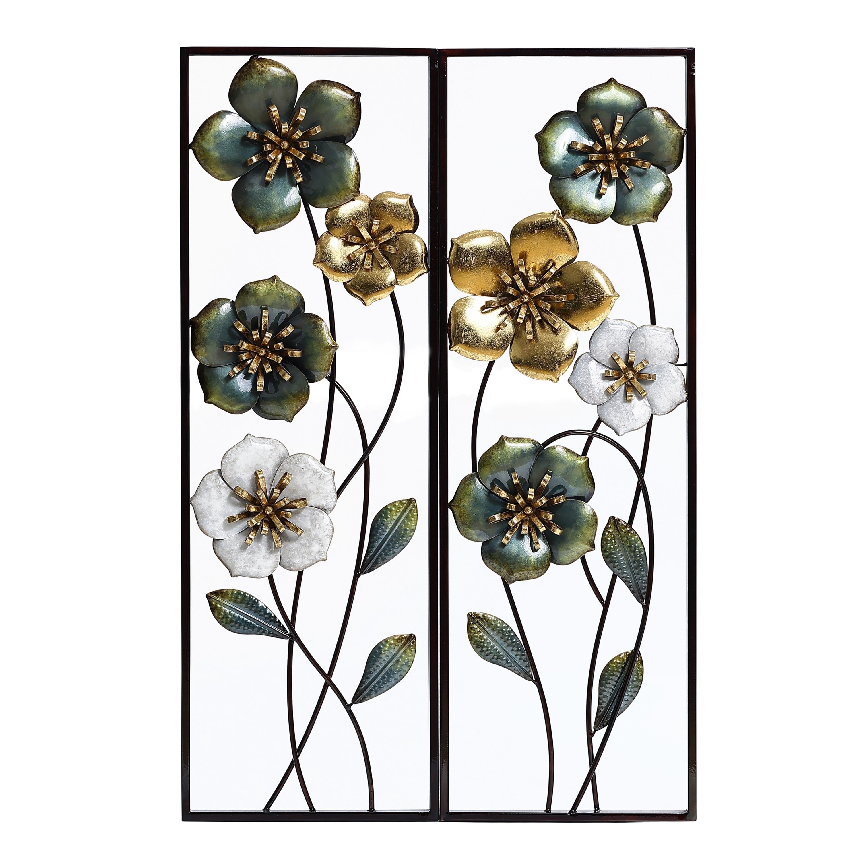 Metal Green, White, and Gold Wild Flowers Wall Decor (Set of 2)