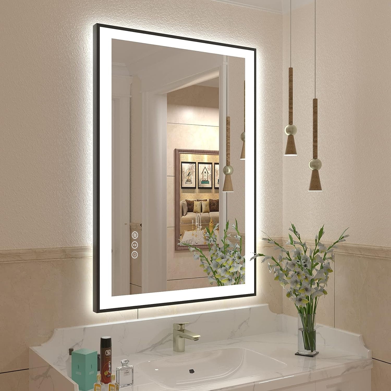 Apmir Metal Black Frame Back & Front LED Lighted Bathroom Vanity Mirror with Anti-Fog Tempered Glass