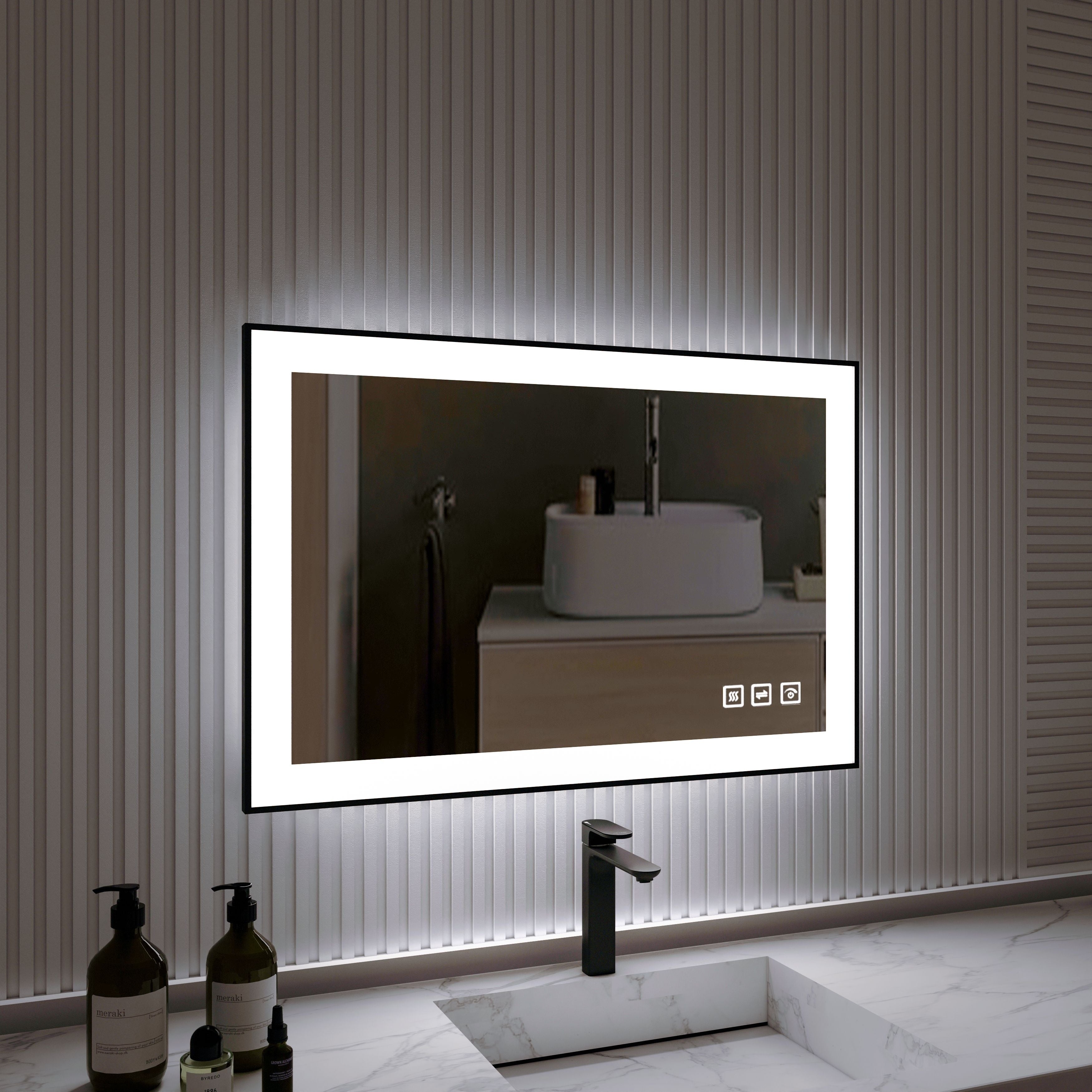 Organnice Rectangular Framed LED Anti-Fog Bathroom Wall Mirror in Black with Backlit and Front Light