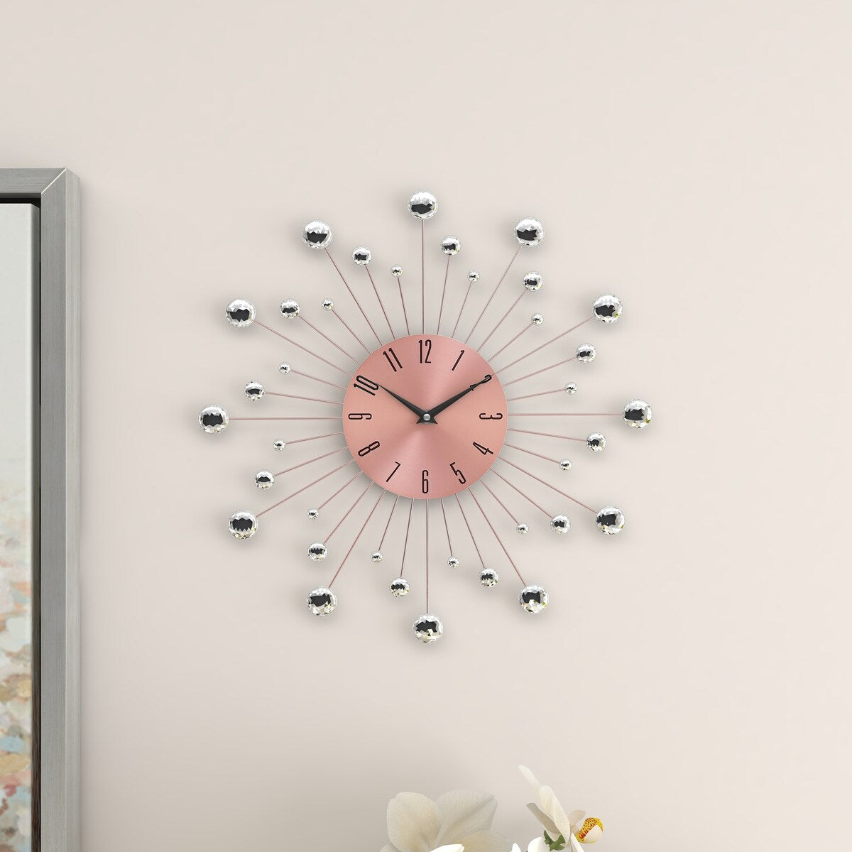 Metal Starburst Decorative Wall Clock with Crystal Accents - Gold, Brown, Silver, Copper - Roche River Decor