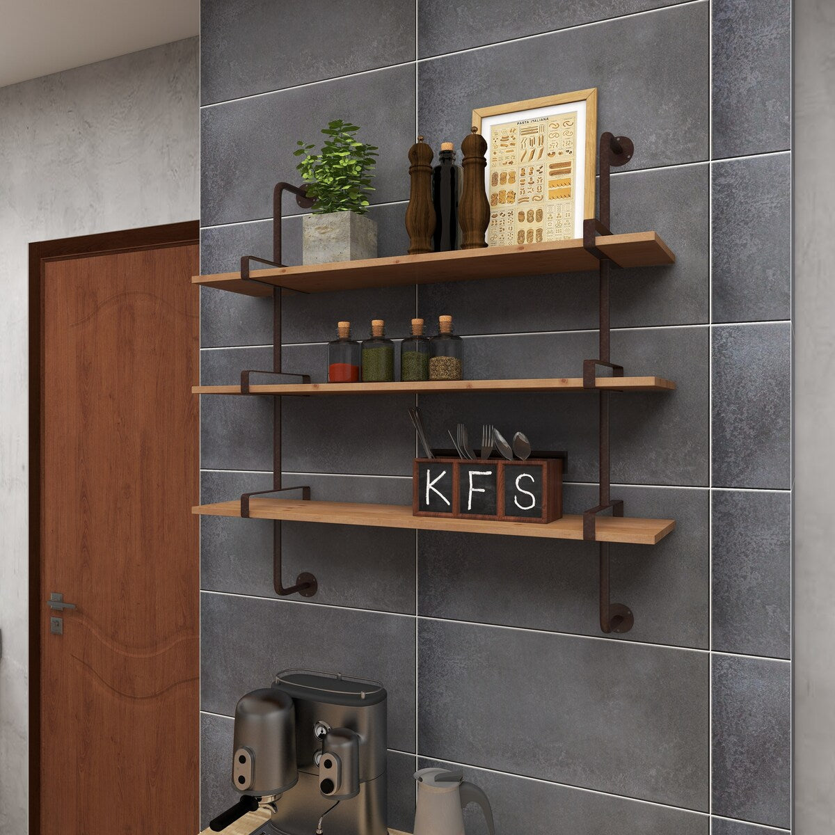 Wood 2 or 3 Level Wall Shelf with Black Metal Brackets - Brown or Gray - Roche River Decor