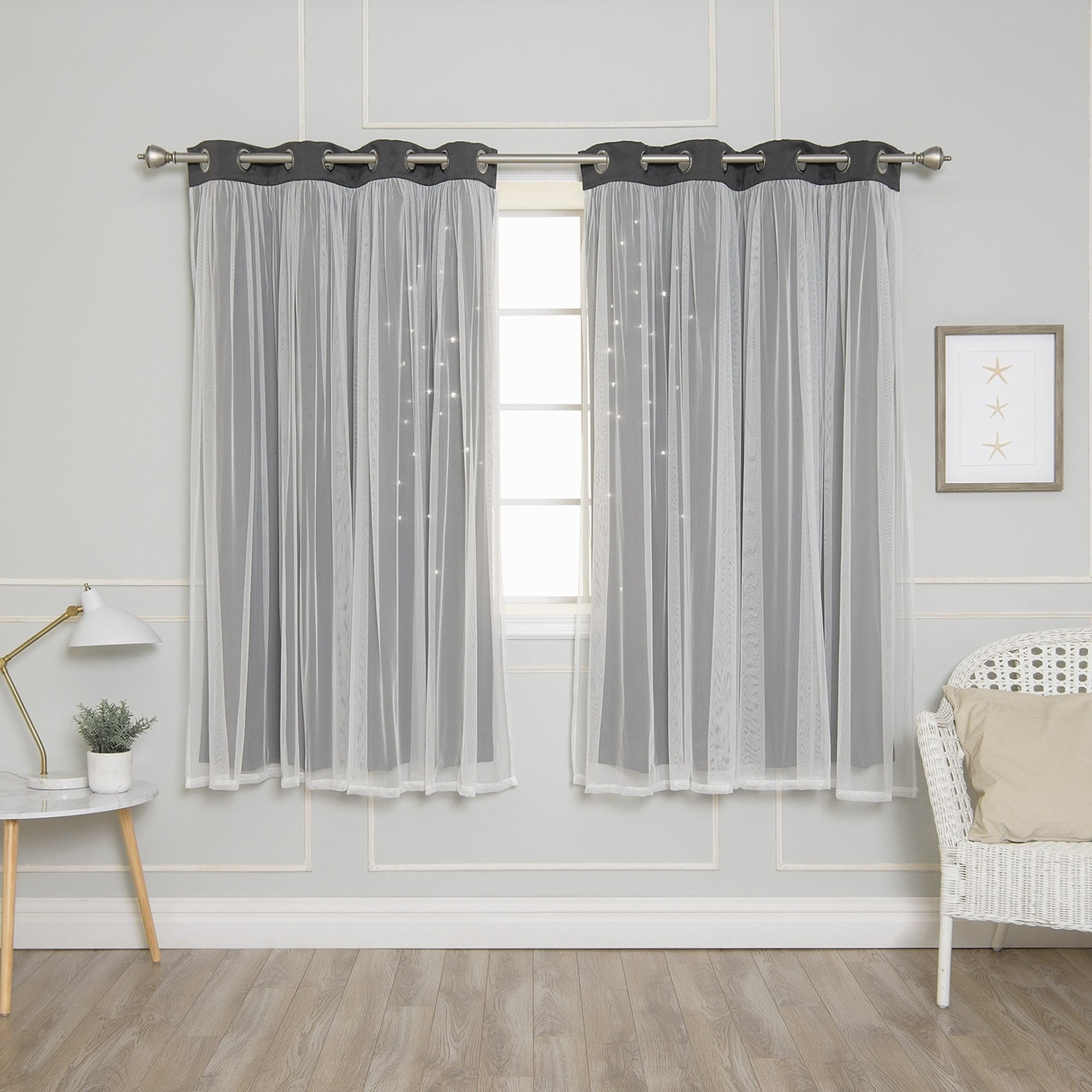 Aurora Home Star Punch Tulle Overlay Blackout Curtain Panel Pair