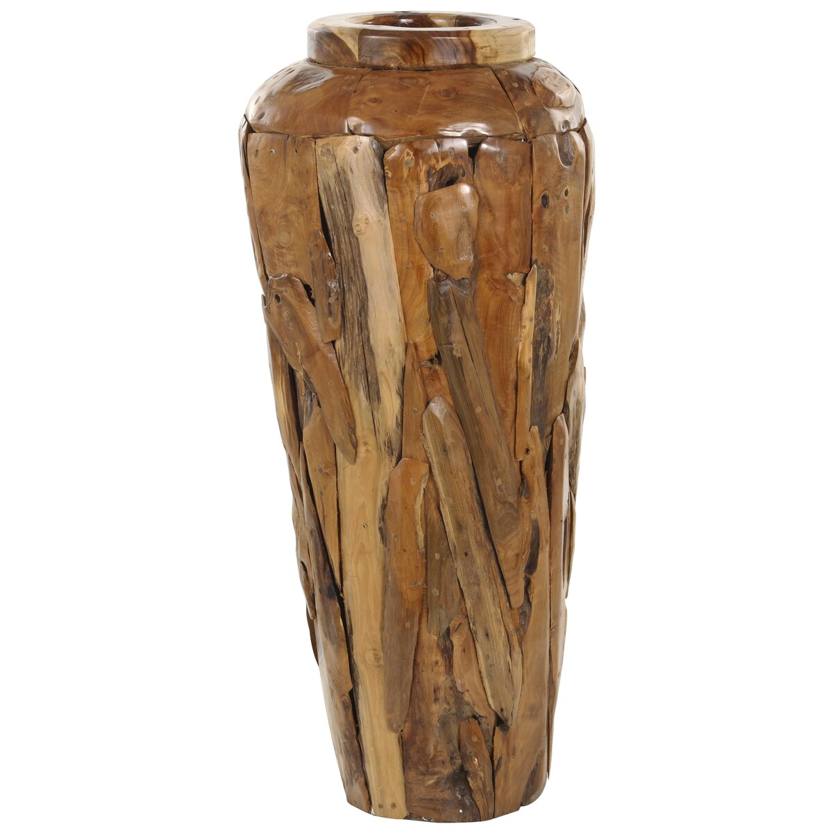 Teak Wood Handmade Floor Decorative Vase with Mosaic Live Edge Pieces - Brown - Roche River Decor