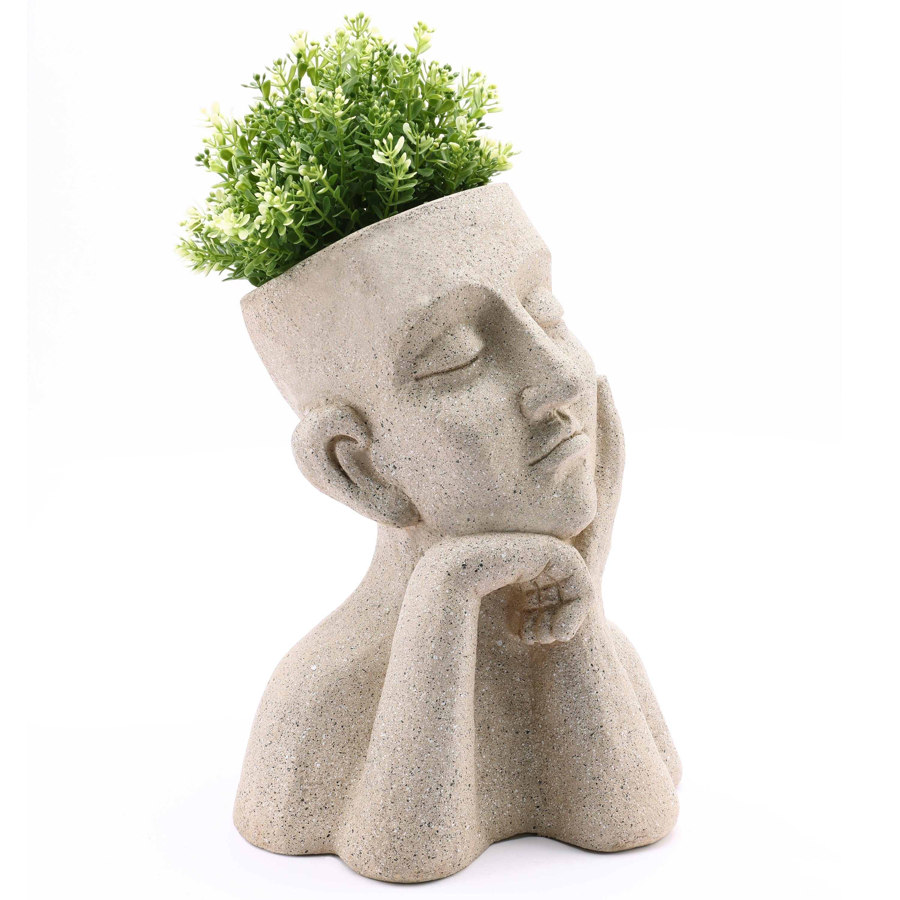 Speckled Beige Thoughtful Bust Head MgO Indoor/ Outdoor Statue Planter