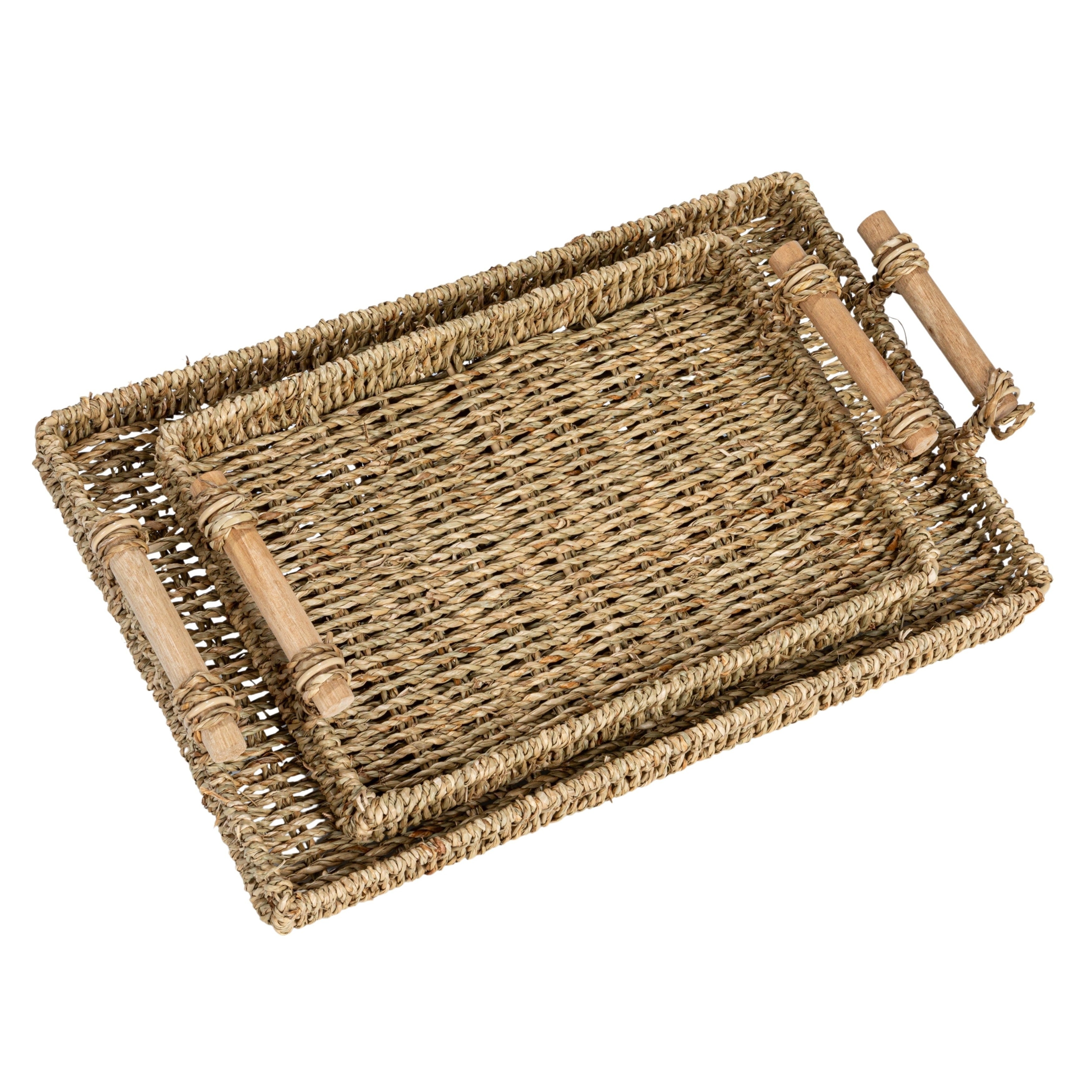 Household Essentials Handwoven Seagrass Tray Set with Wood Handles, Set of 2 - 15.7L x 9.8W x 3.1H