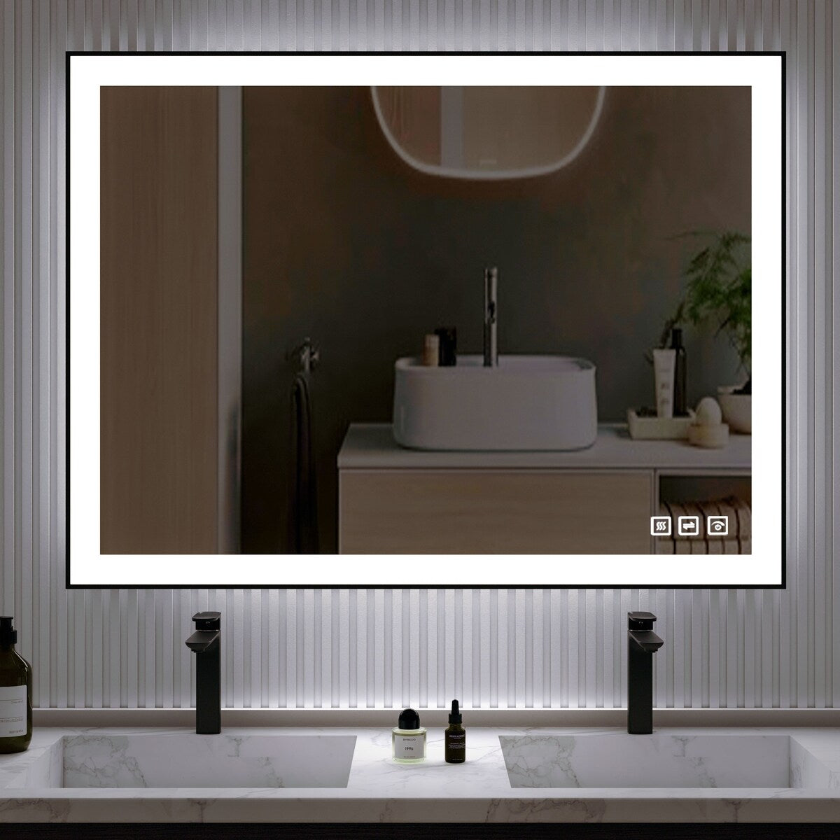 Organnice Rectangular Framed LED Anti-Fog Bathroom Wall Mirror in Black with Backlit and Front Light