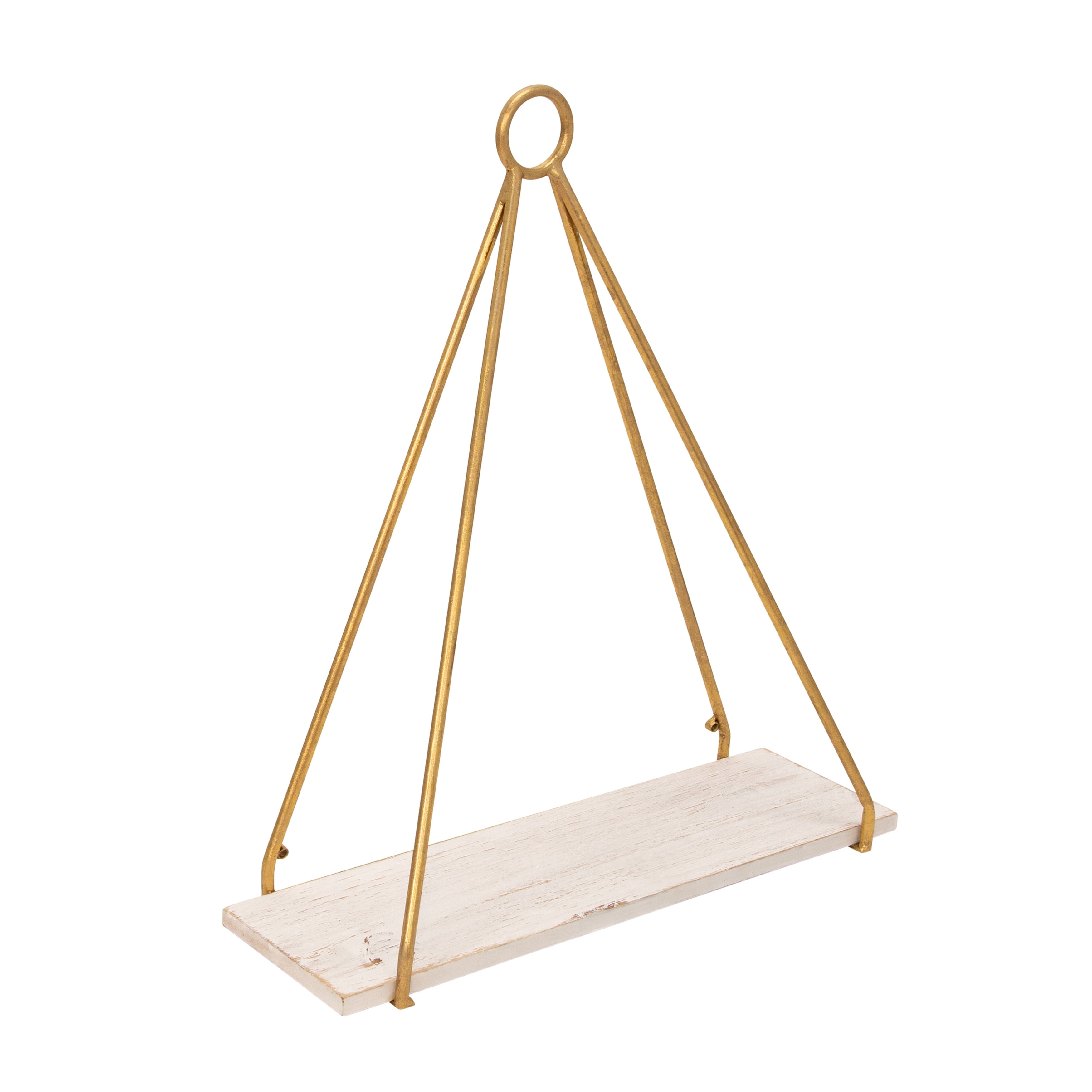 Wooden Triangle Shelf Set in White and Gold Metal and Wood Set of 2 Mounted Wall Shelves for Home or Office 20 &