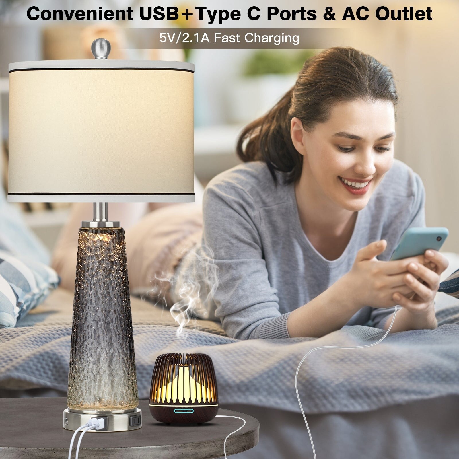 Table Lamps Nightlight 2in1 Glass Gray Charging Ports 2-Way Touch Switch (Set of 2) - 12'' x 12'' x 26'' (L x W x H)