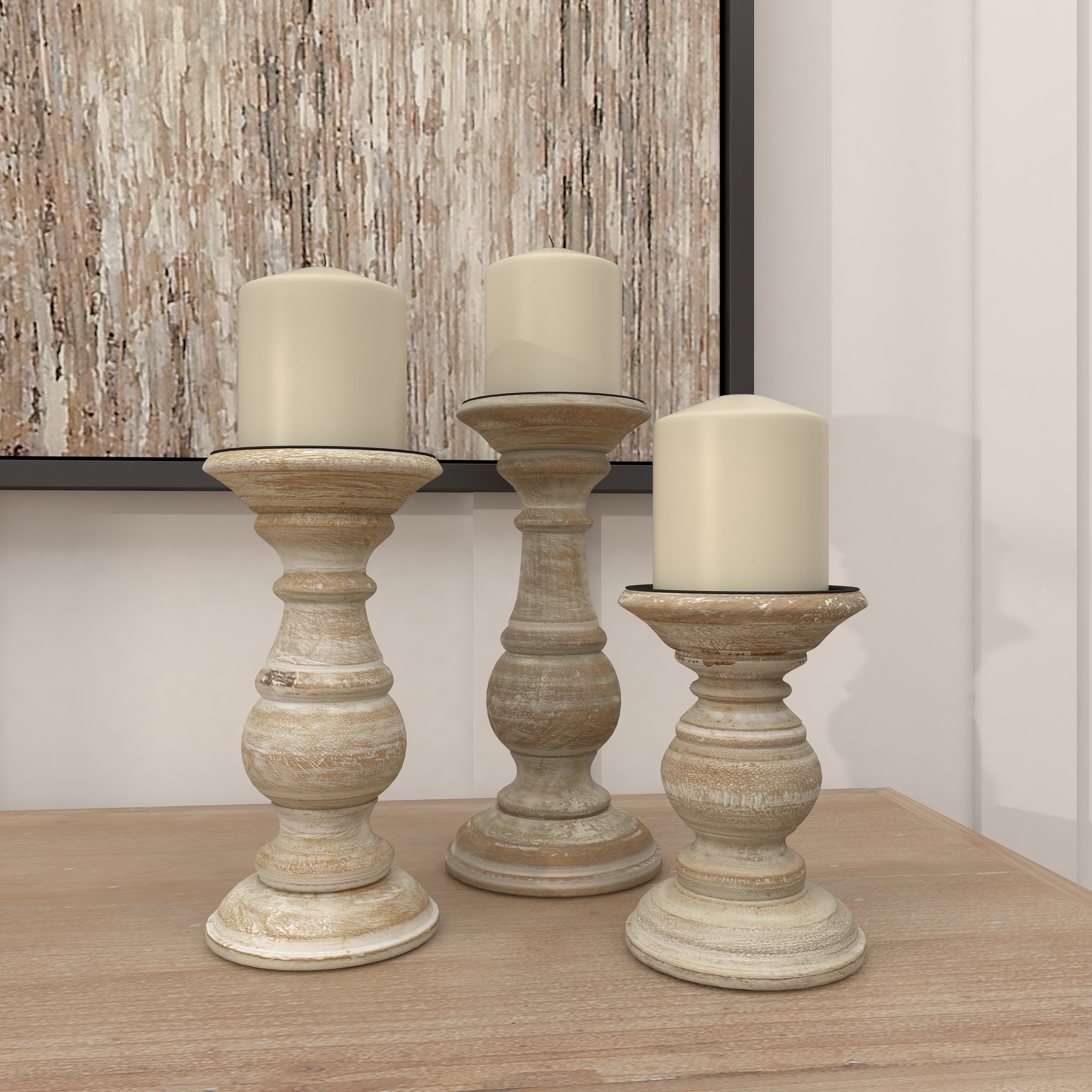 Mango Wood Turned Style Pillar Candle Holder (Set of 3) - White, Brown, Gold, Black, Light Blue, Cream, Silver