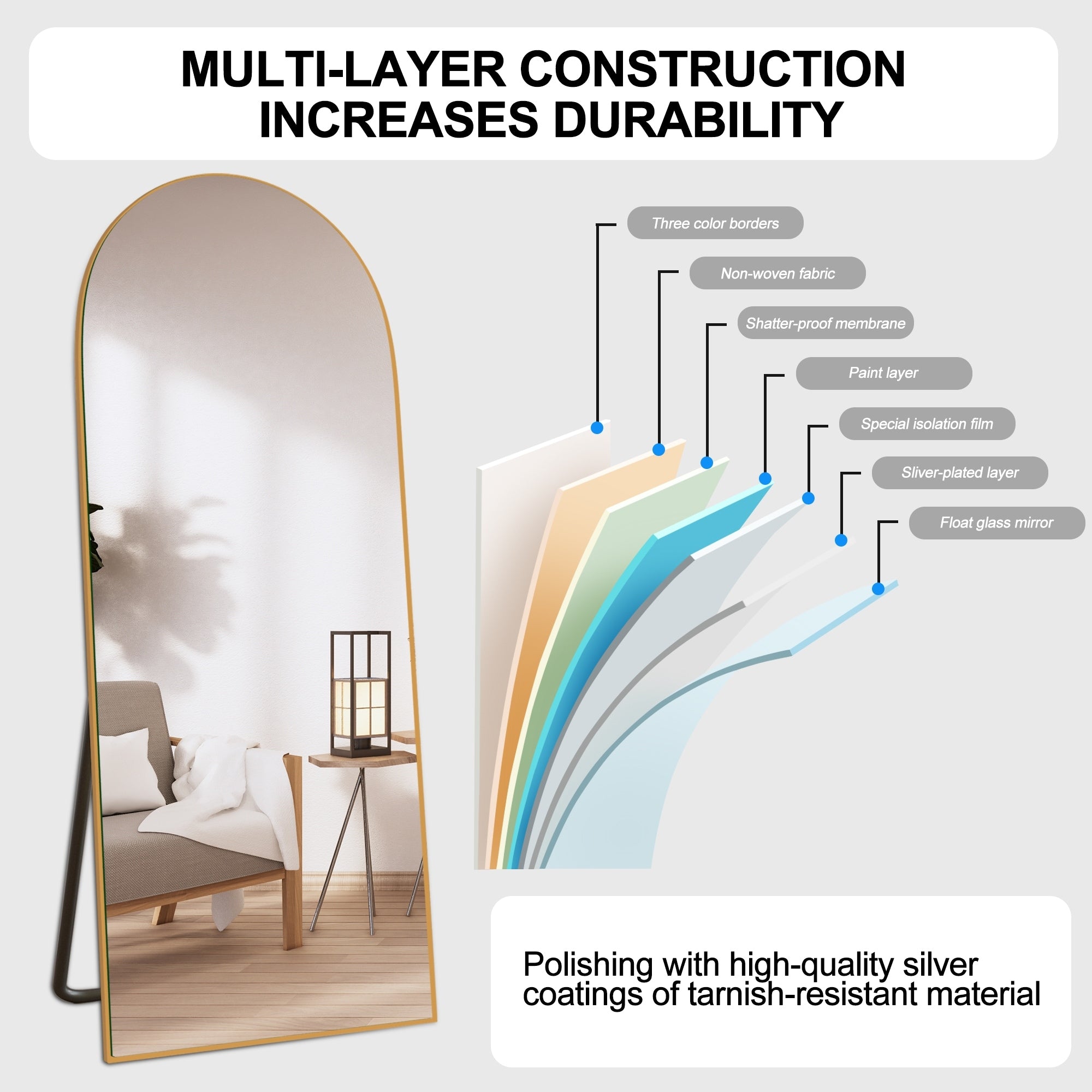 Modern Arched Full-Length Wood Floor Standing Mirror