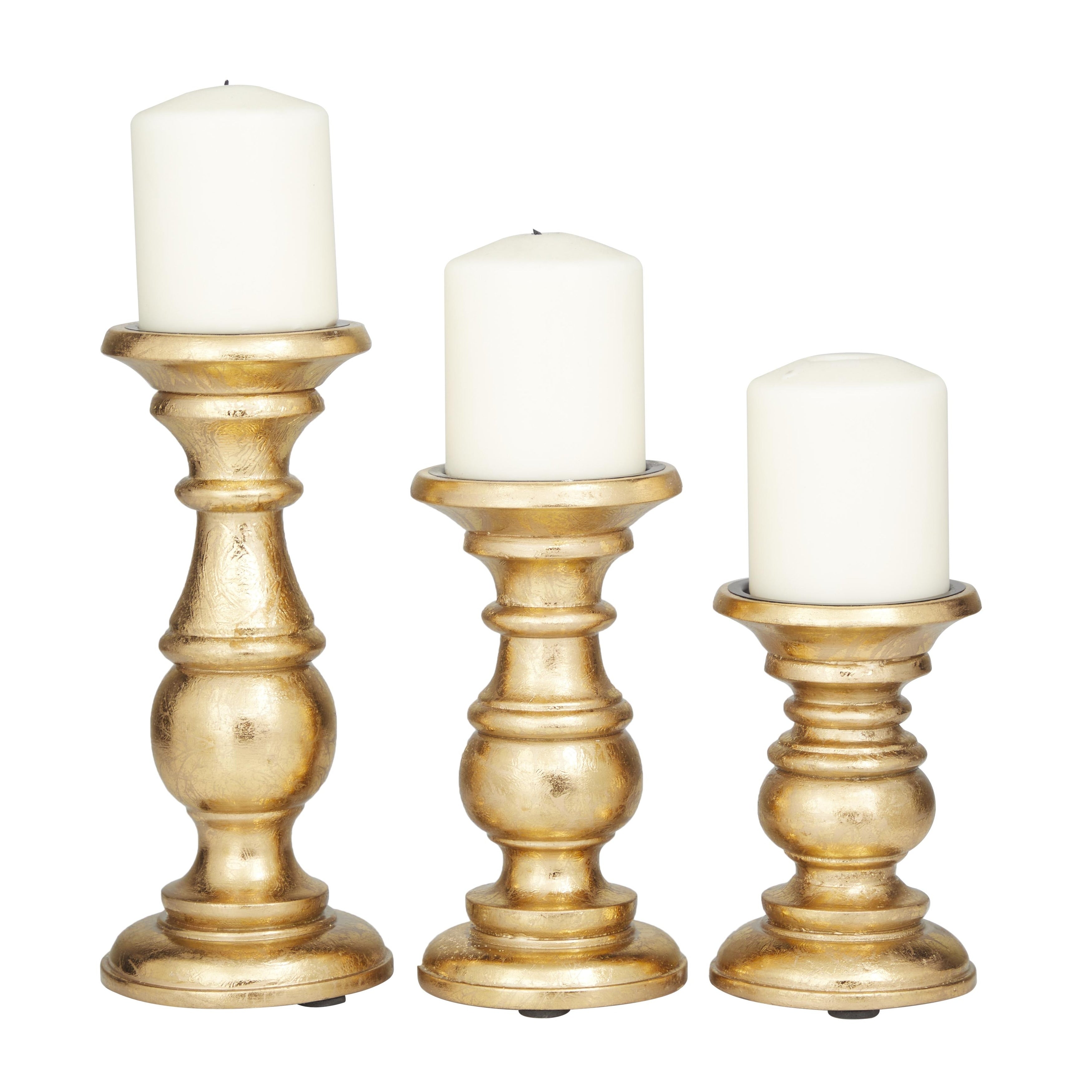 Mango Wood Turned Style Pillar Candle Holder (Set of 3) - White, Brown, Gold, Black, Light Blue, Cream, Silver