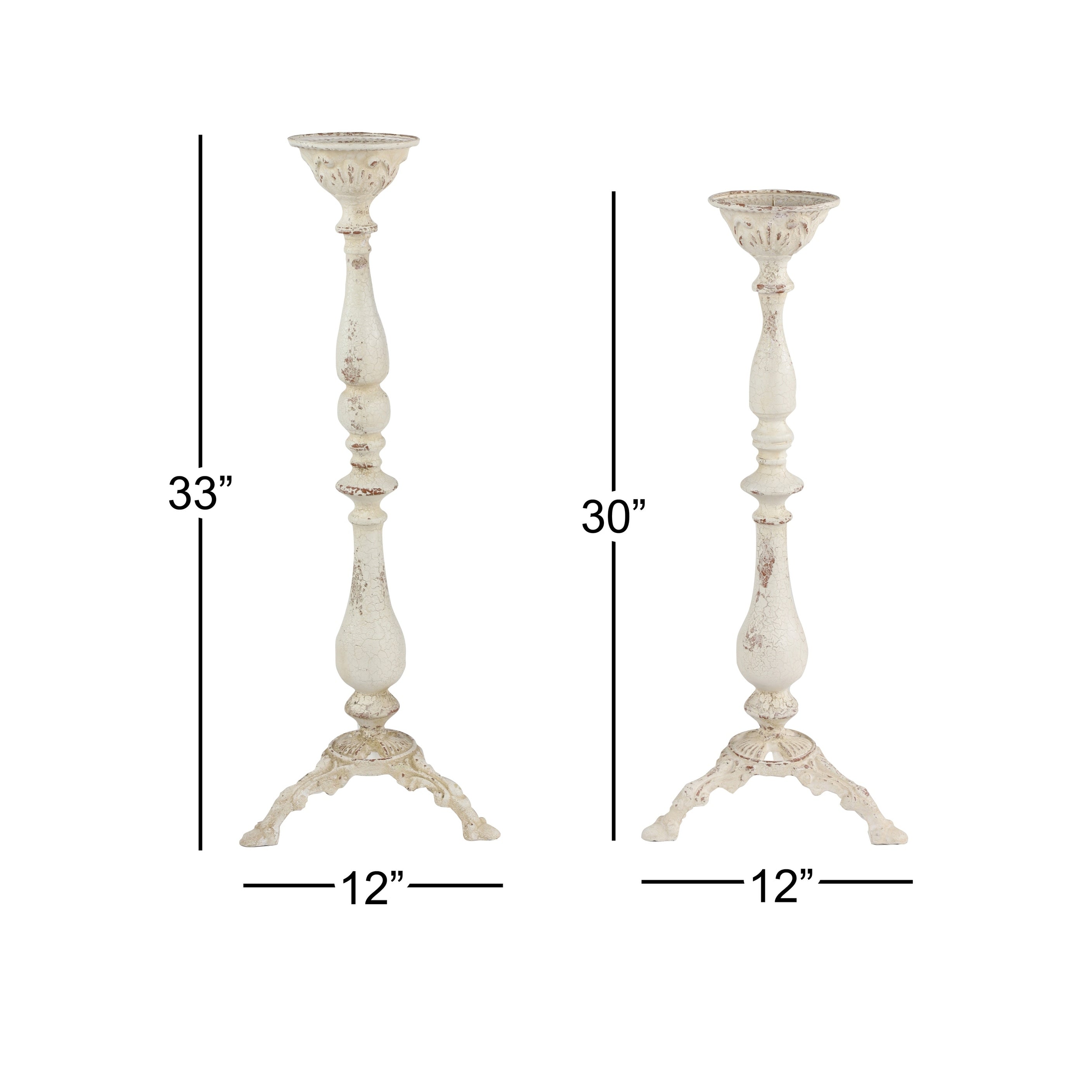 Vintage White Metal Candle Holders with Turned Columns and Tripod Bases Set of 2 12 x 33 12 x 30 - 12 x 12 x 33