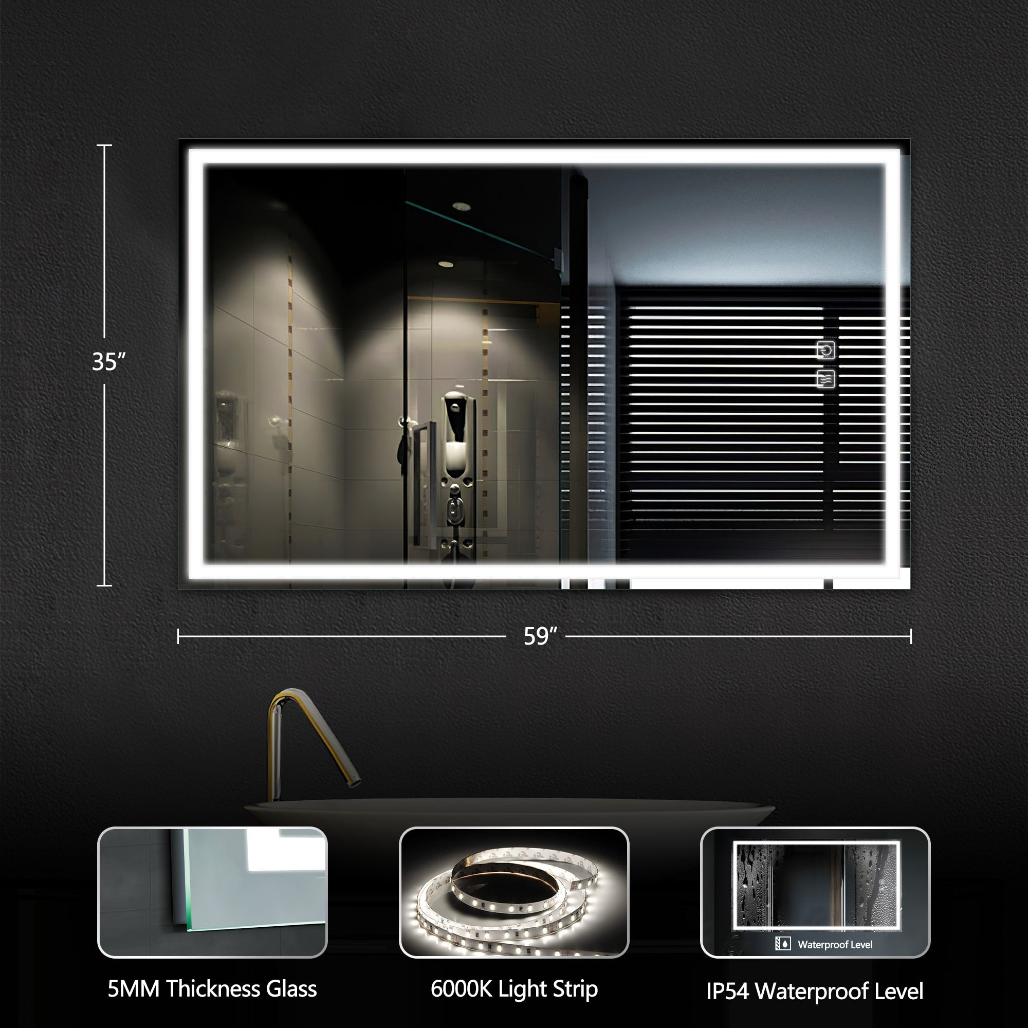 LED Mirror Bathroom Wall Mirror Vanity Mirror Waterproof Design