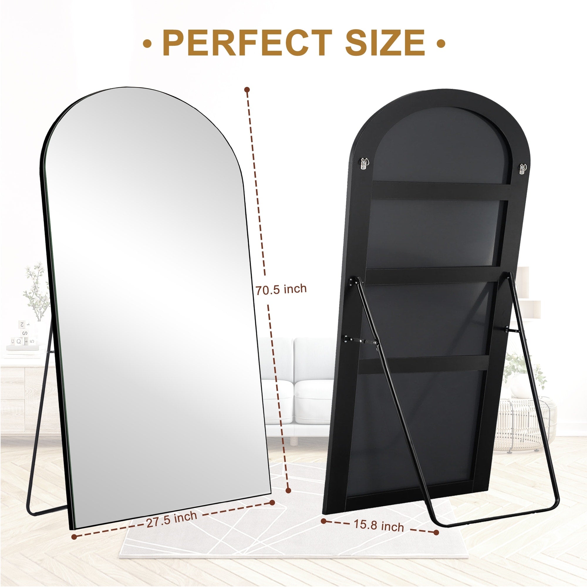 Modern Arched Full-Length Wood Floor Standing Mirror