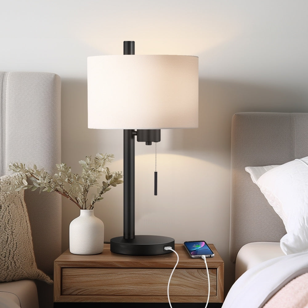 23-in Black Modern Table Lamp with USB Port and White Linen Shade - 23H