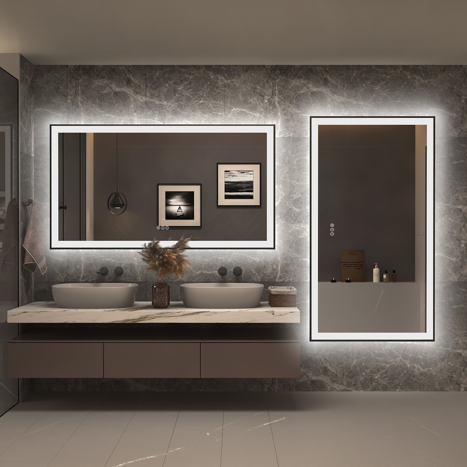 Apmir Metal Black Frame Back & Front LED Lighted Bathroom Vanity Mirror with Anti-Fog Tempered Glass