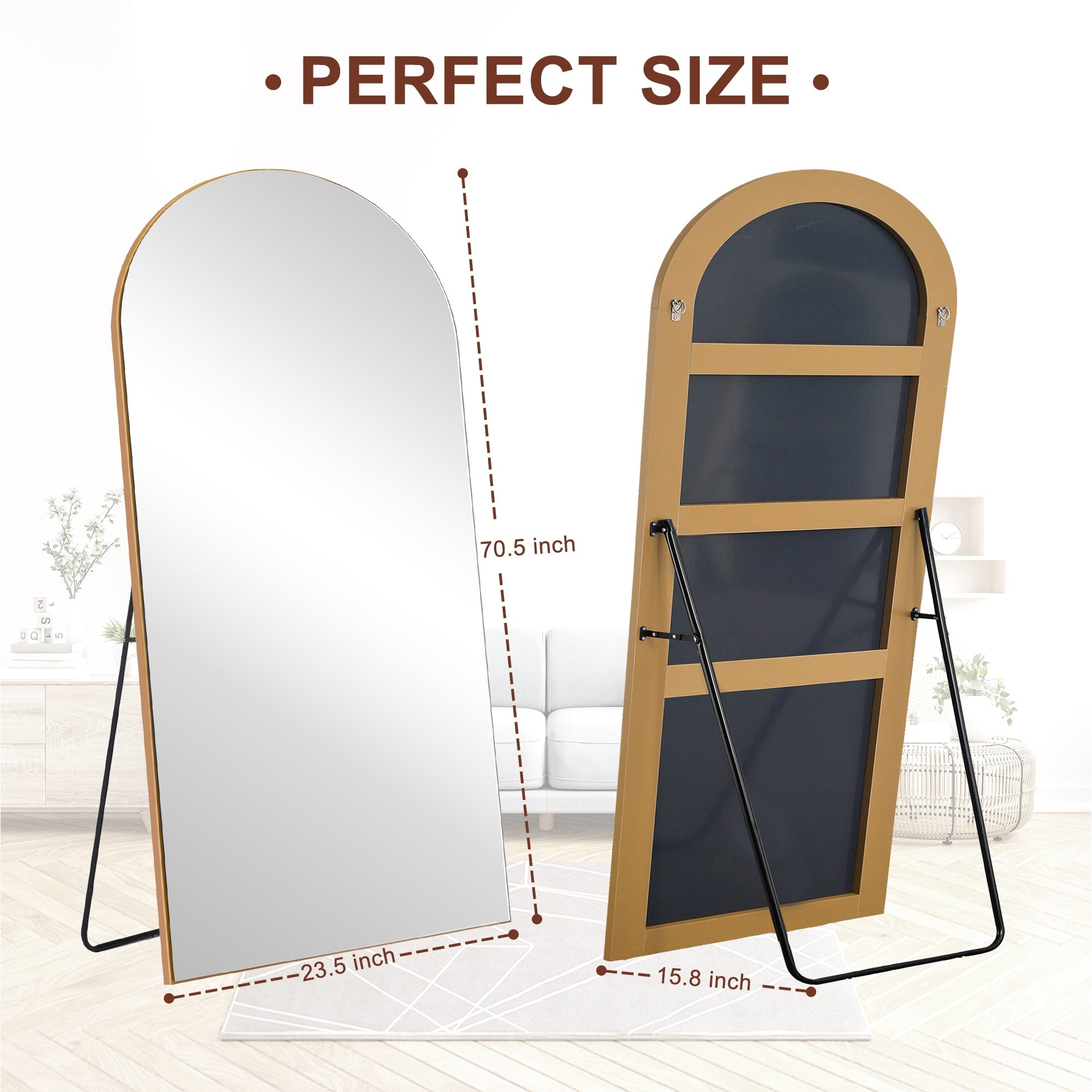 Modern Arched Full-Length Wood Floor Standing Mirror