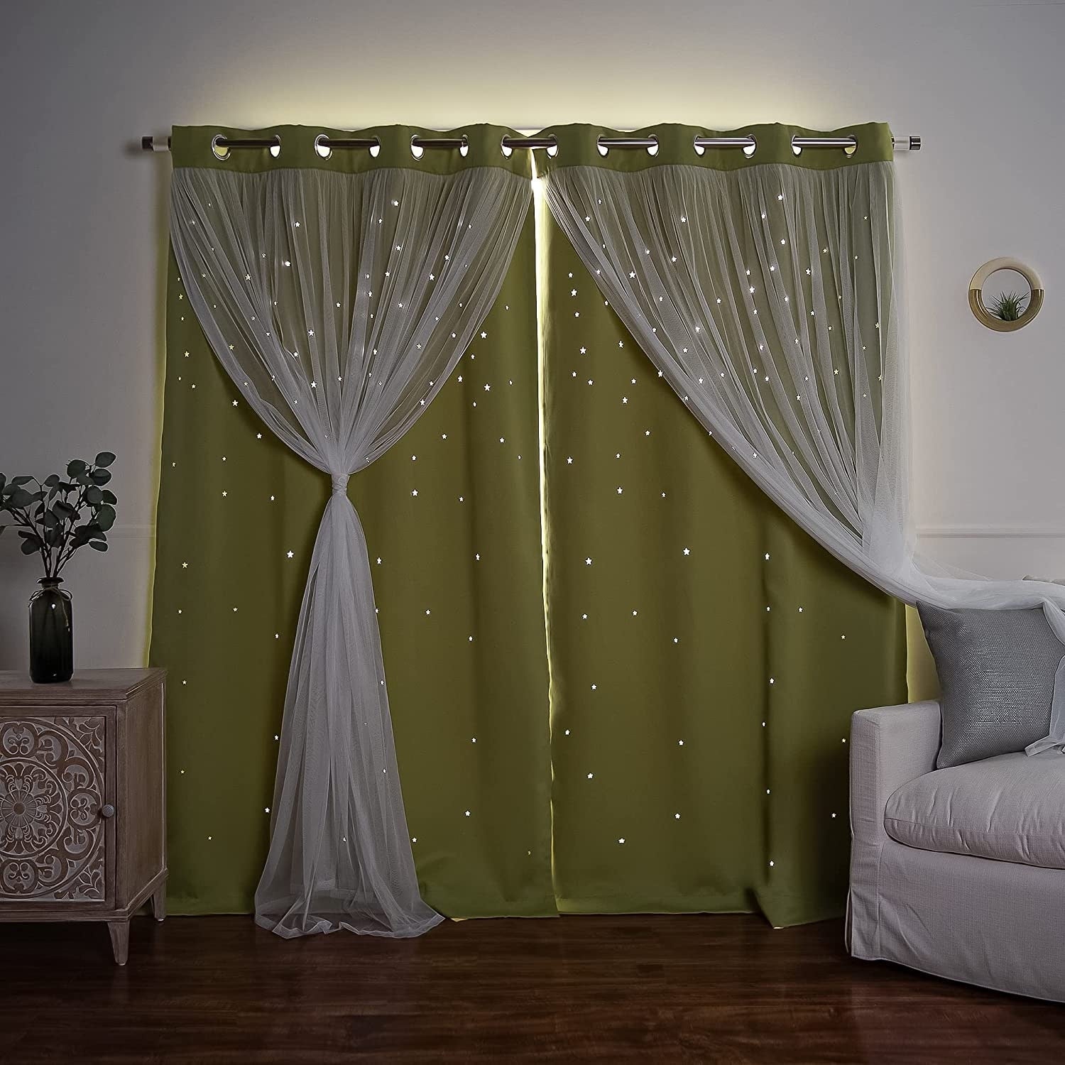 Aurora Home Star Punch Tulle Overlay Blackout Curtain Panel Pair