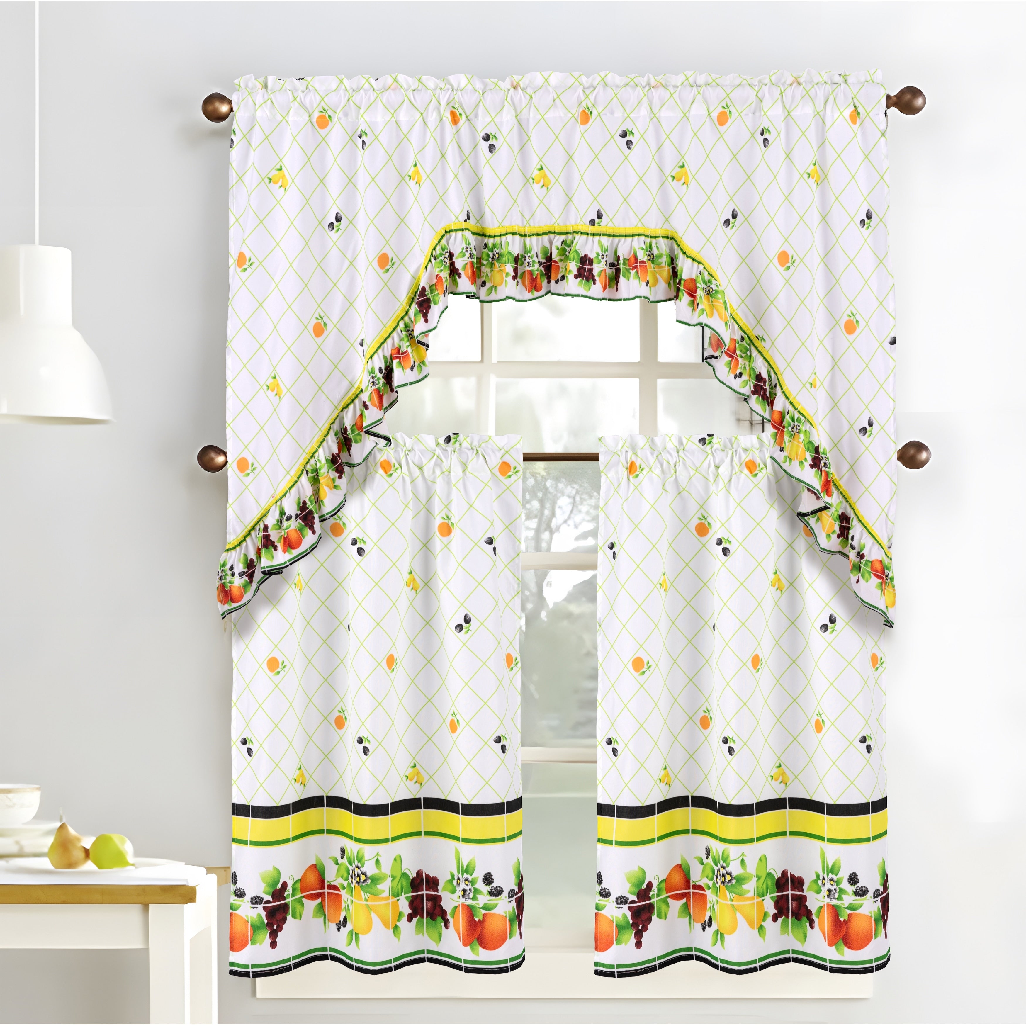 RT Designers Collection Ruffle Fruit Medley Tier and Valance Kitchen Curtain Set