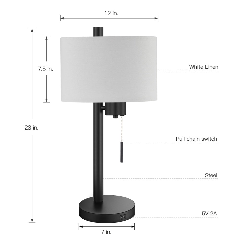 23-in Black Modern Table Lamp with USB Port and White Linen Shade - 23H