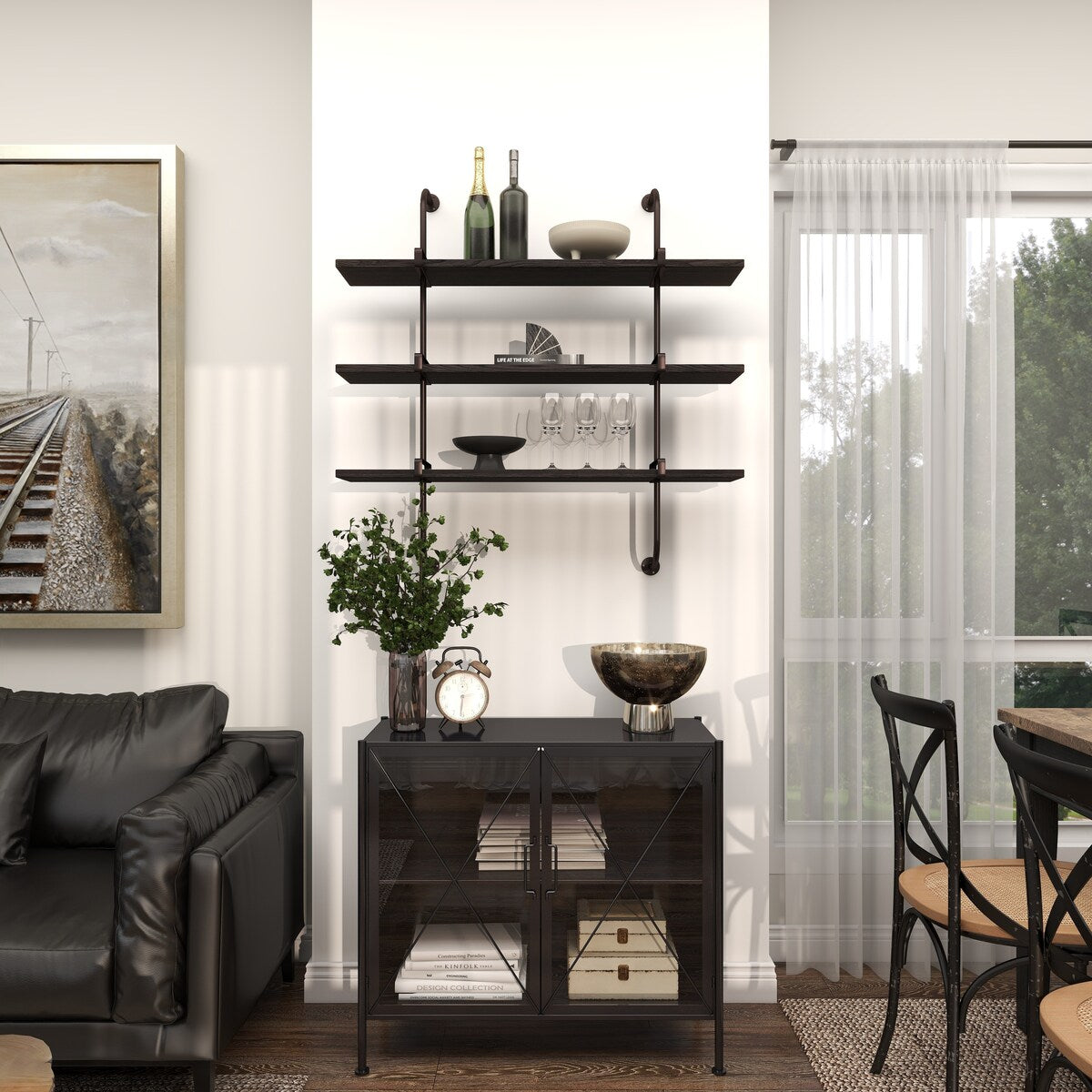 Wood 2 or 3 Level Wall Shelf with Black Metal Brackets - Brown or Gray - Roche River Decor
