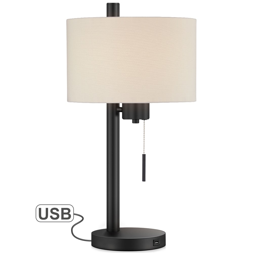 23-in Black Modern Table Lamp with USB Port and White Linen Shade - 23H