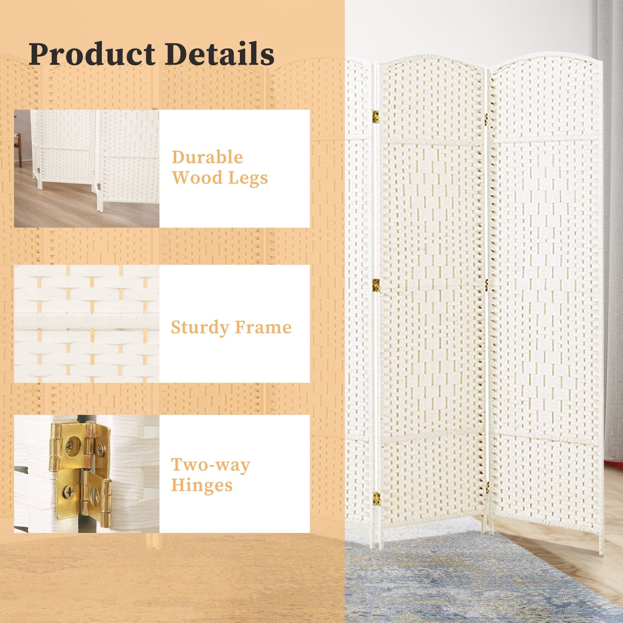 Room Divider 6 FT Tall Weave Fiber Freestanding Privacy Screen Folding Screen