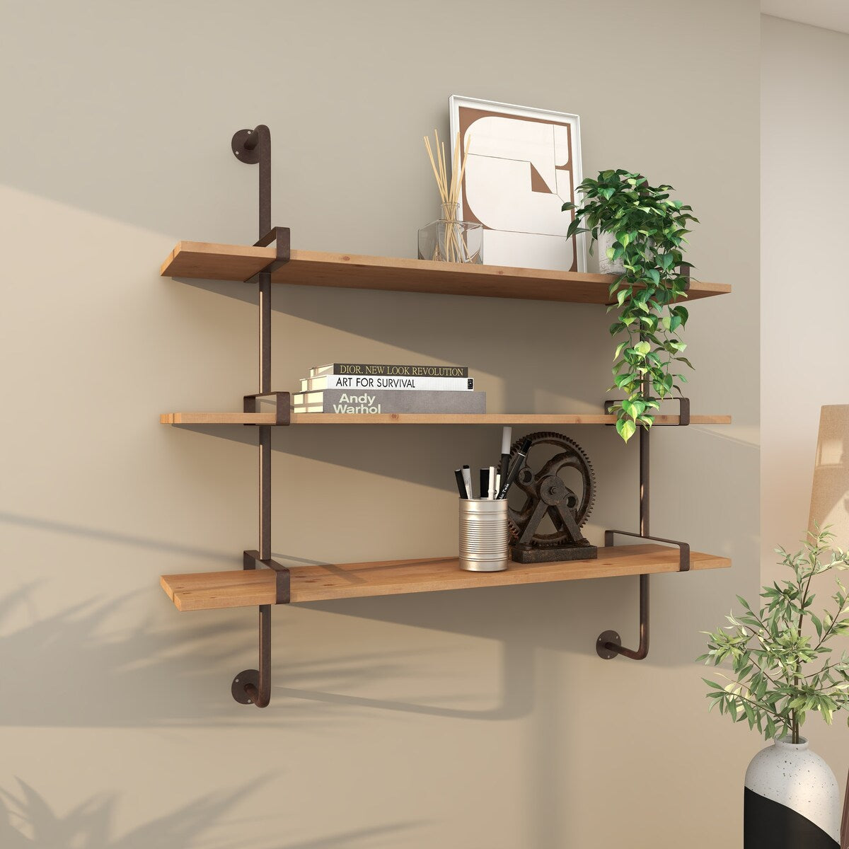 Wood 2 or 3 Level Wall Shelf with Black Metal Brackets - Brown or Gray - Roche River Decor