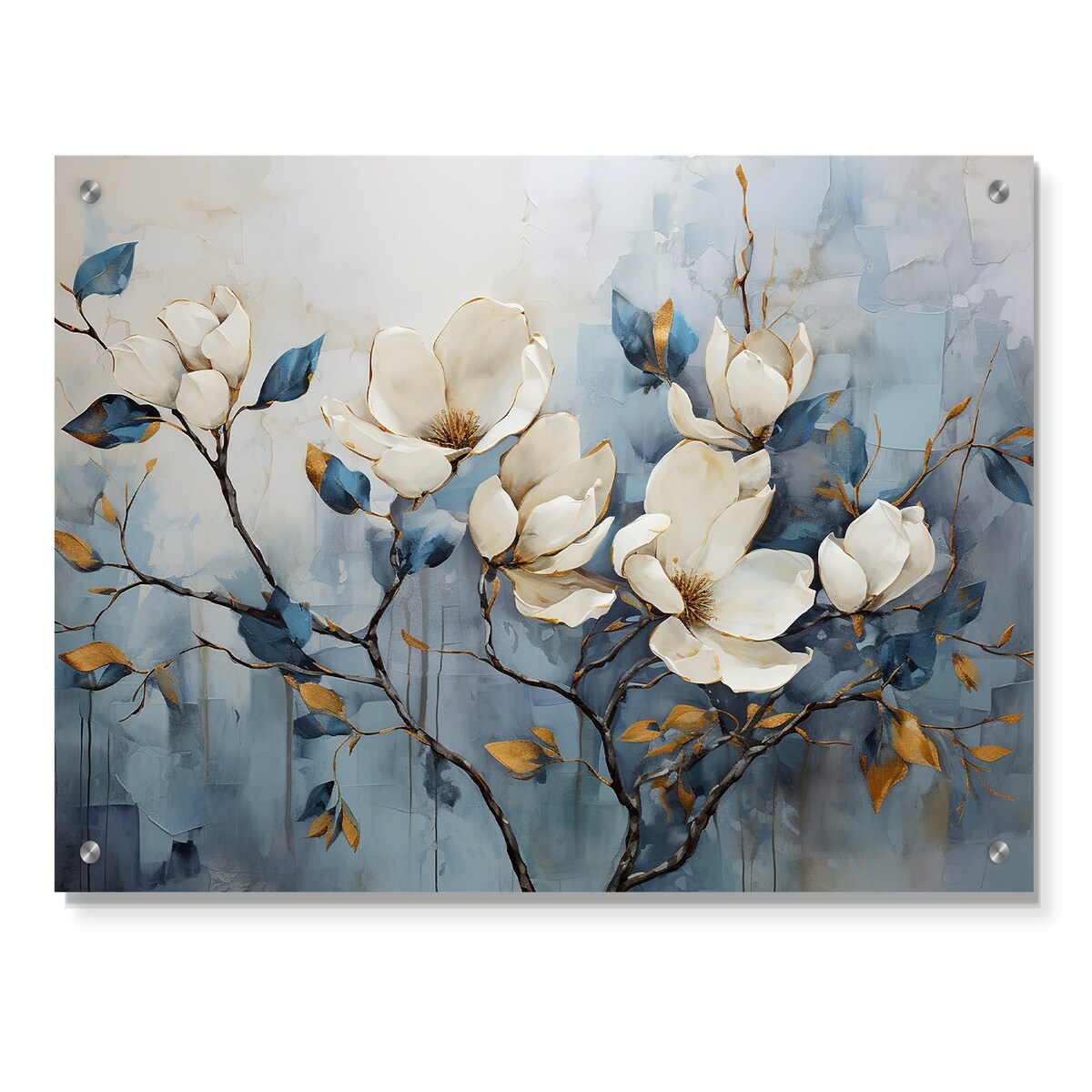 Designart Elegant White And Blue Magnolias Tranquility Magnolias White - Traditional Acrylic Wall Art For Dinning Room