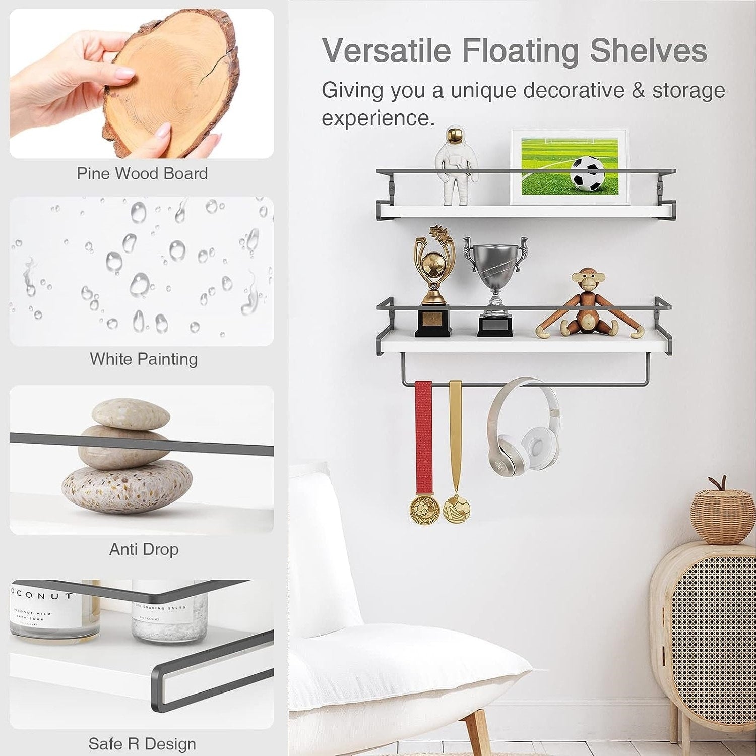 Decorative Wall Shelves Set of 2 for Bathroom with Towel Bar
