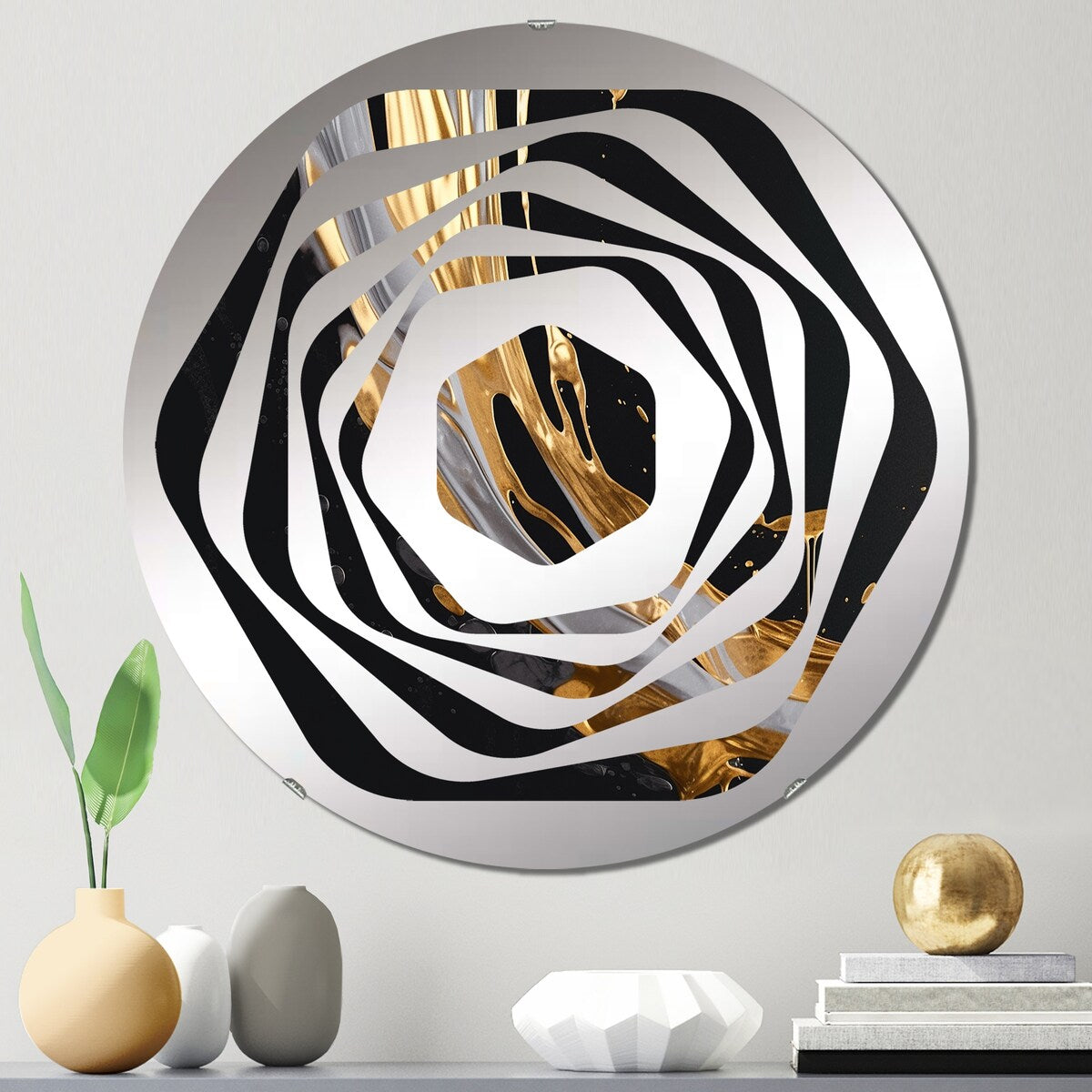 Designart Gold And Black Marble Medley I - Modern Abstract Marble Amorphe Decorative Mirror