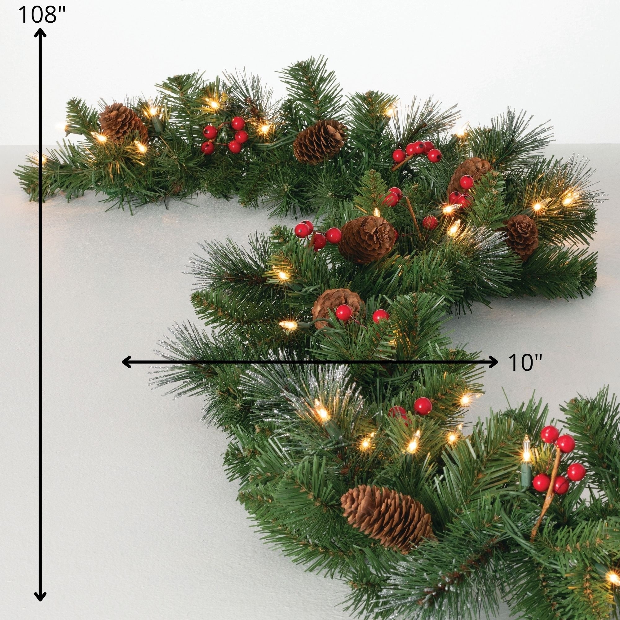 Sullivans Artificial 9' LED Mixed Pine Christmas Garland with Pinecones & Berries, Green, Indoor Christmas Decor