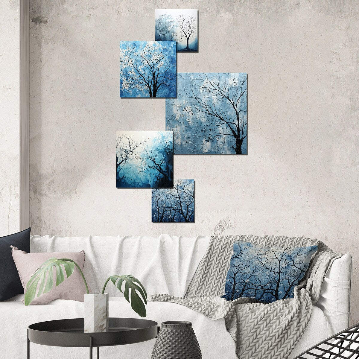 Designart Minimalism Blue Tree Landscape Trees Wall Art Set of 5 - Traditional Blue Metal Wall Art Print Bedroom Set