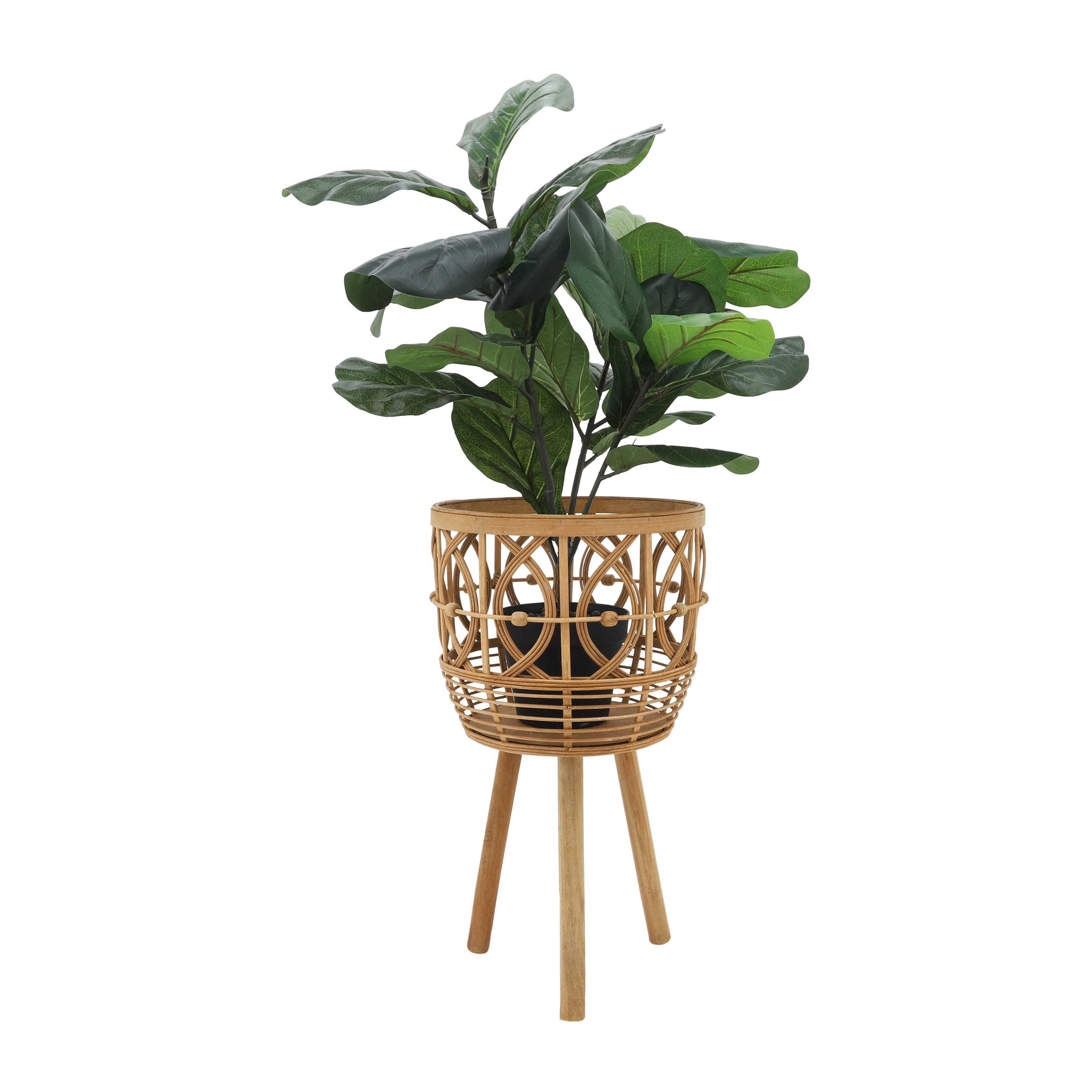 Natural Bamboo Handwoven Planters on Wood Tripod (Set of 3)