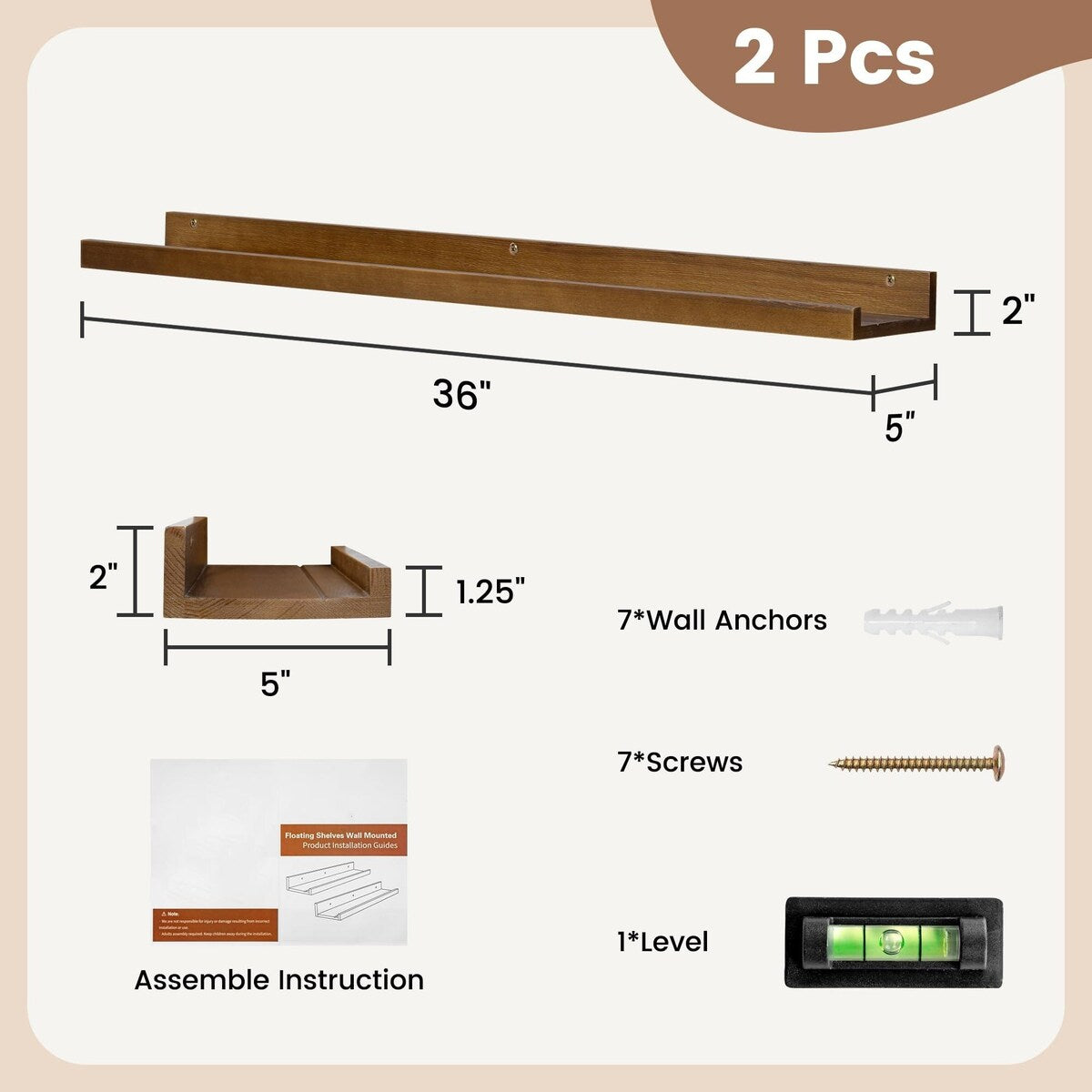 Solid Pine Wood Floating Ledge Shelves 2 Packs for Wall